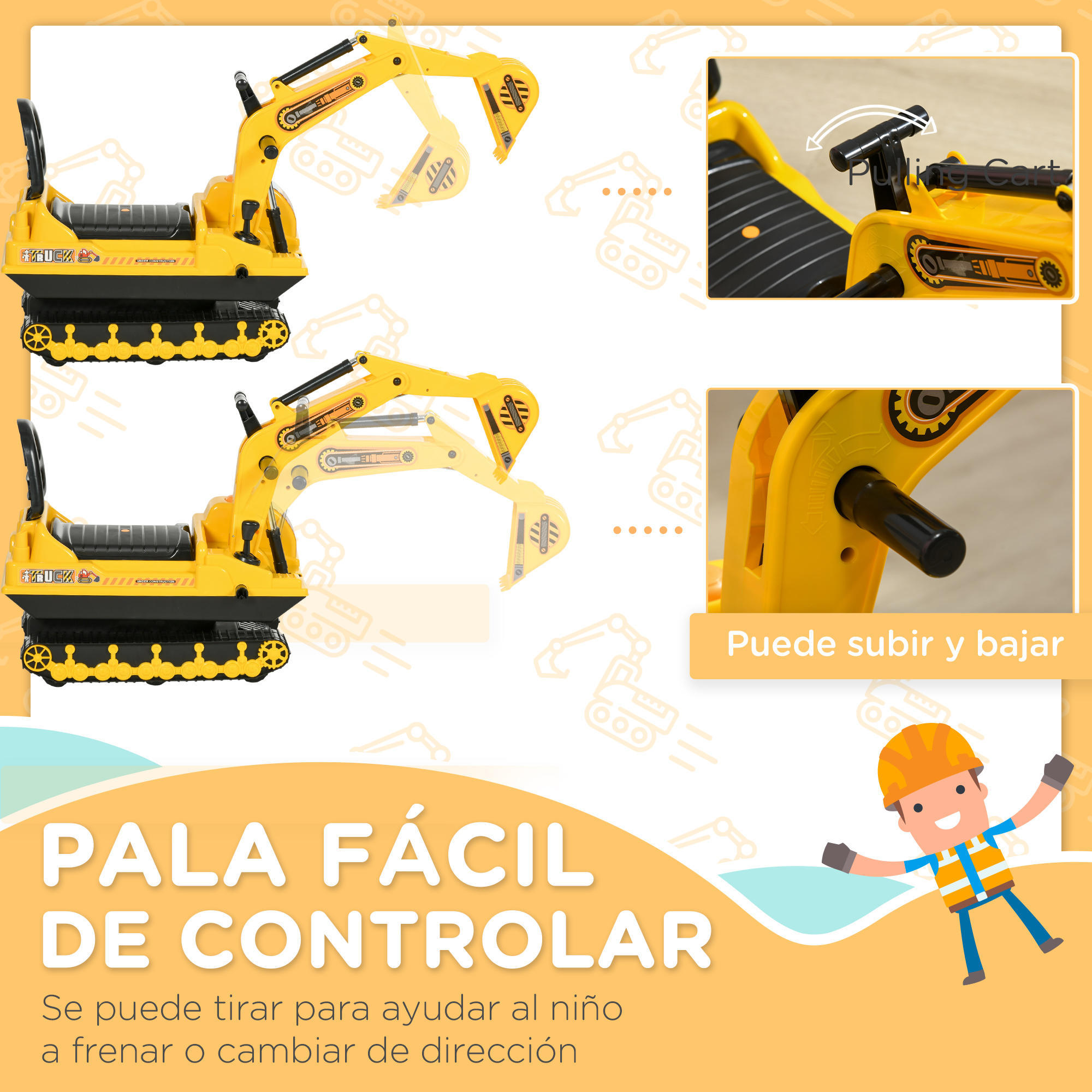 Excavadora de juguete amarilla, diagramas de su funcionalidad, con un trabajador de la construcción de dibujos animados.