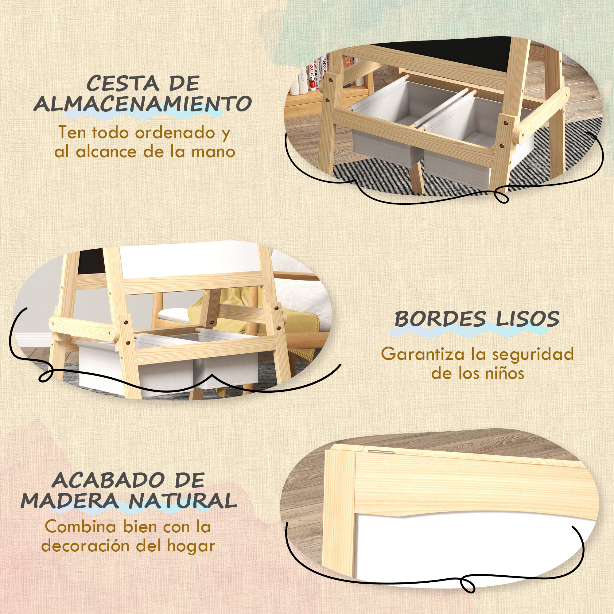 Escritorio de madera con dos cajones blancos. Etiquetas de texto destacan características: almacenamiento, bordes lisos y acabado de madera natural.