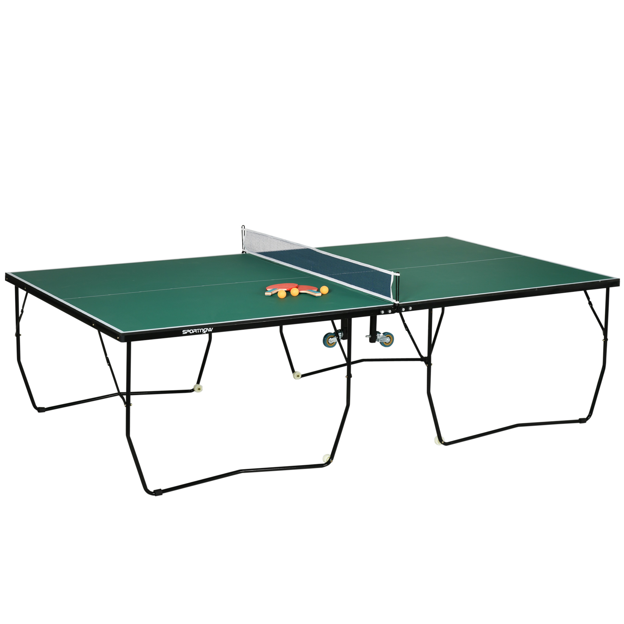 Grüner Pingpongtisch mit Netz, Schlägern und Bällen. Schwarze Beine tragen den Tisch.