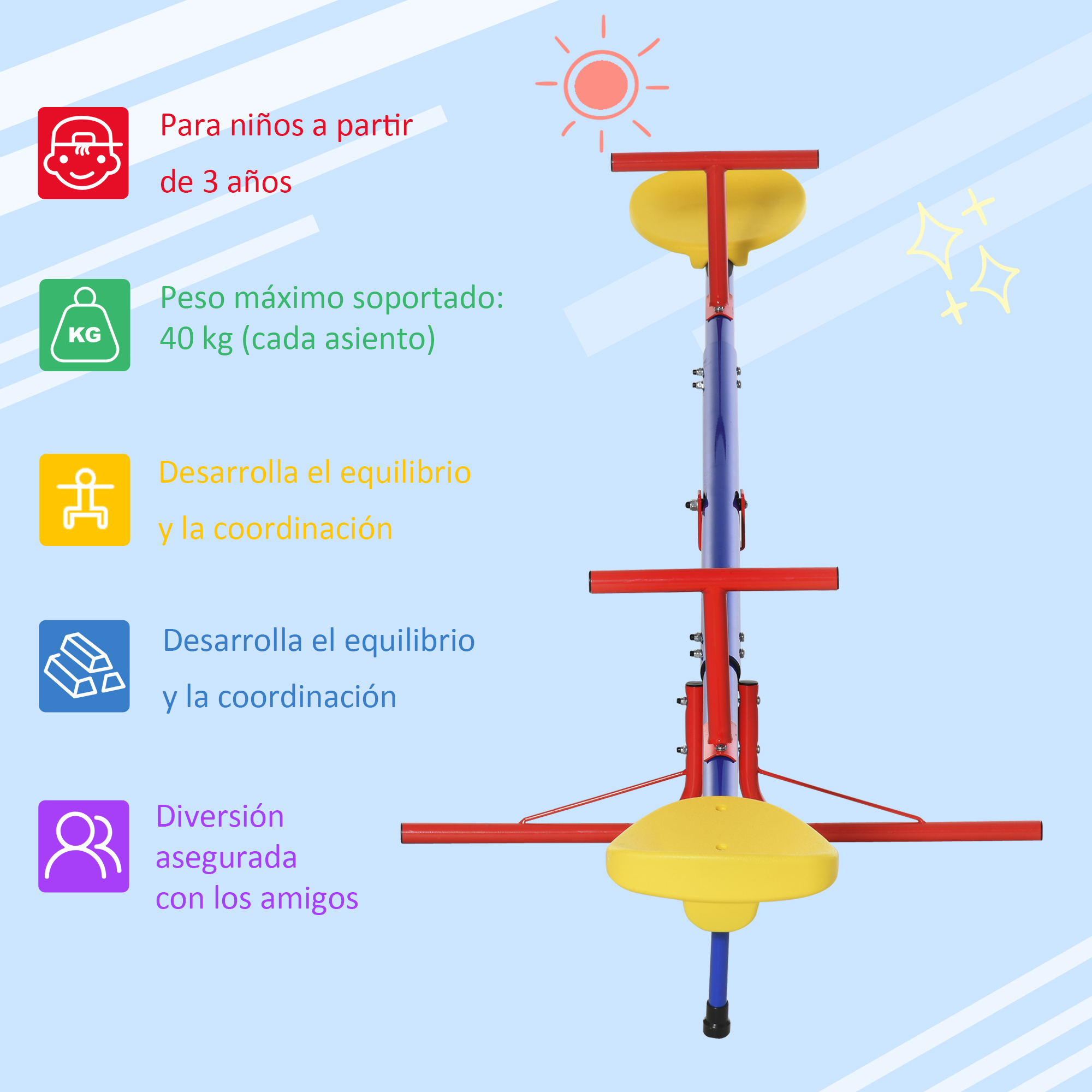 Equipo de parque infantil con asientos amarillos. Texto: Para niños de 3+, peso máximo 40 kg, desarrolla el equilibrio.