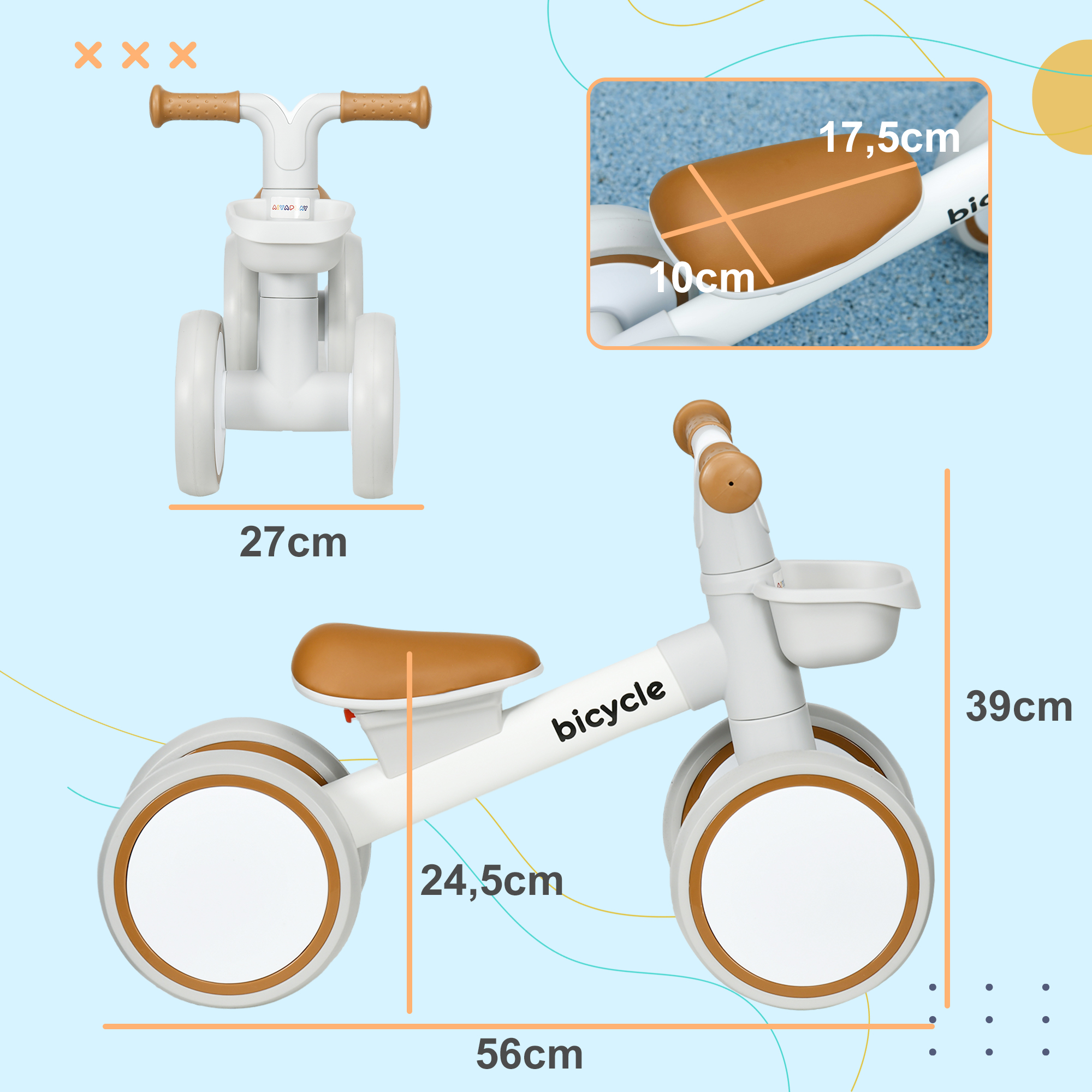 Bicicleta de equilibrio blanca y marrón con dimensiones. La bicicleta tiene asiento y manillar marrones.