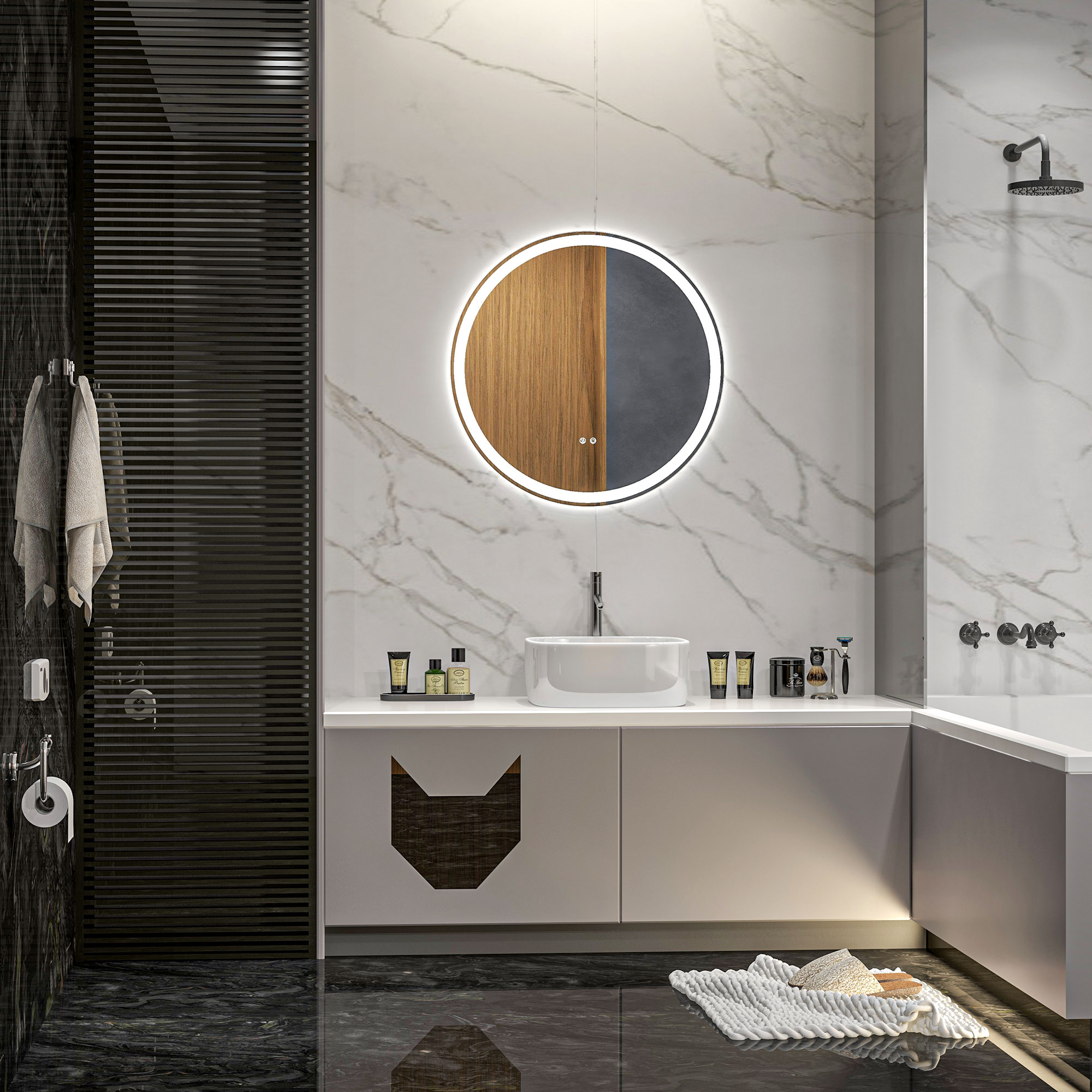 Un baño moderno con espejo redondo, lavabo y paredes de mármol. Se ven toallas y artículos de tocador.