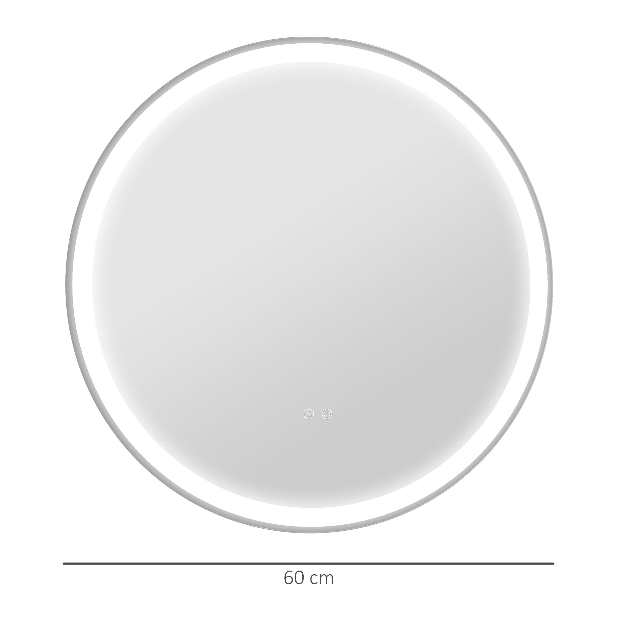 Un espejo redondo e iluminado con una regla de 60 cm está sobre un fondo blanco.