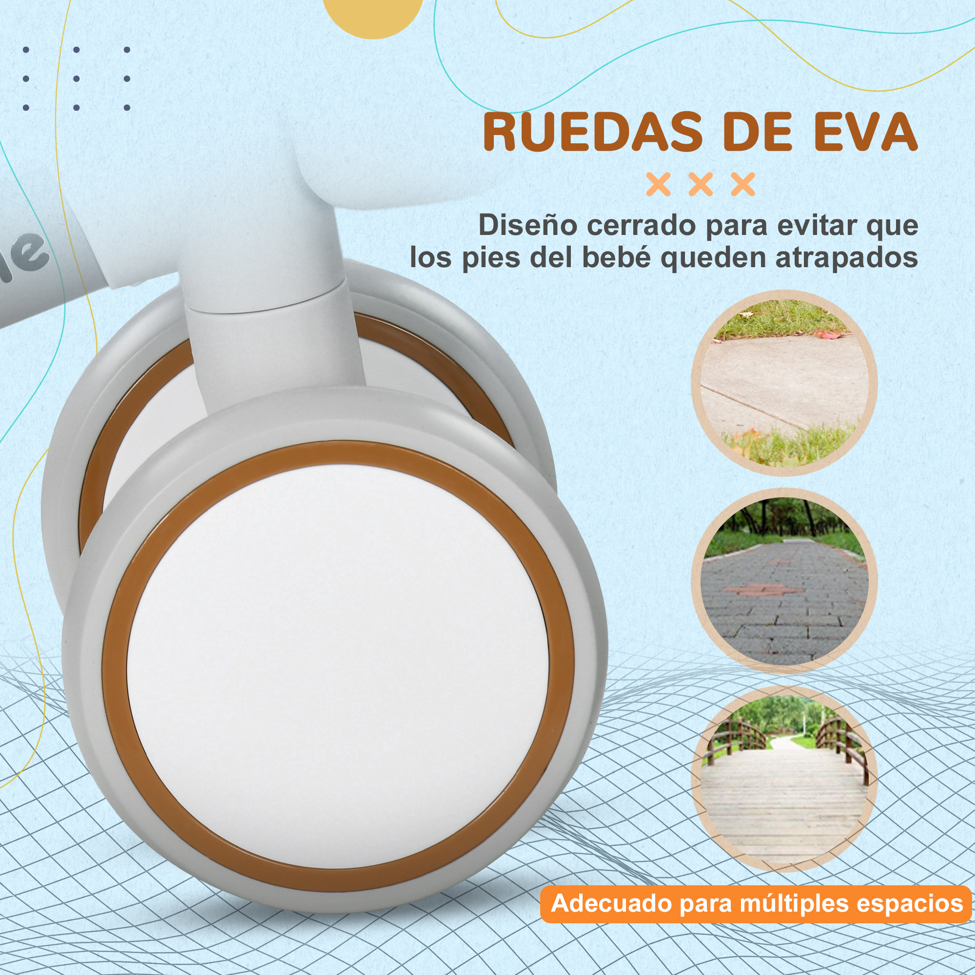 Primer plano de una rueda blanca y dorada. Arriba pone "RUEDAS DE EVA" y las ruedas están en el suelo.