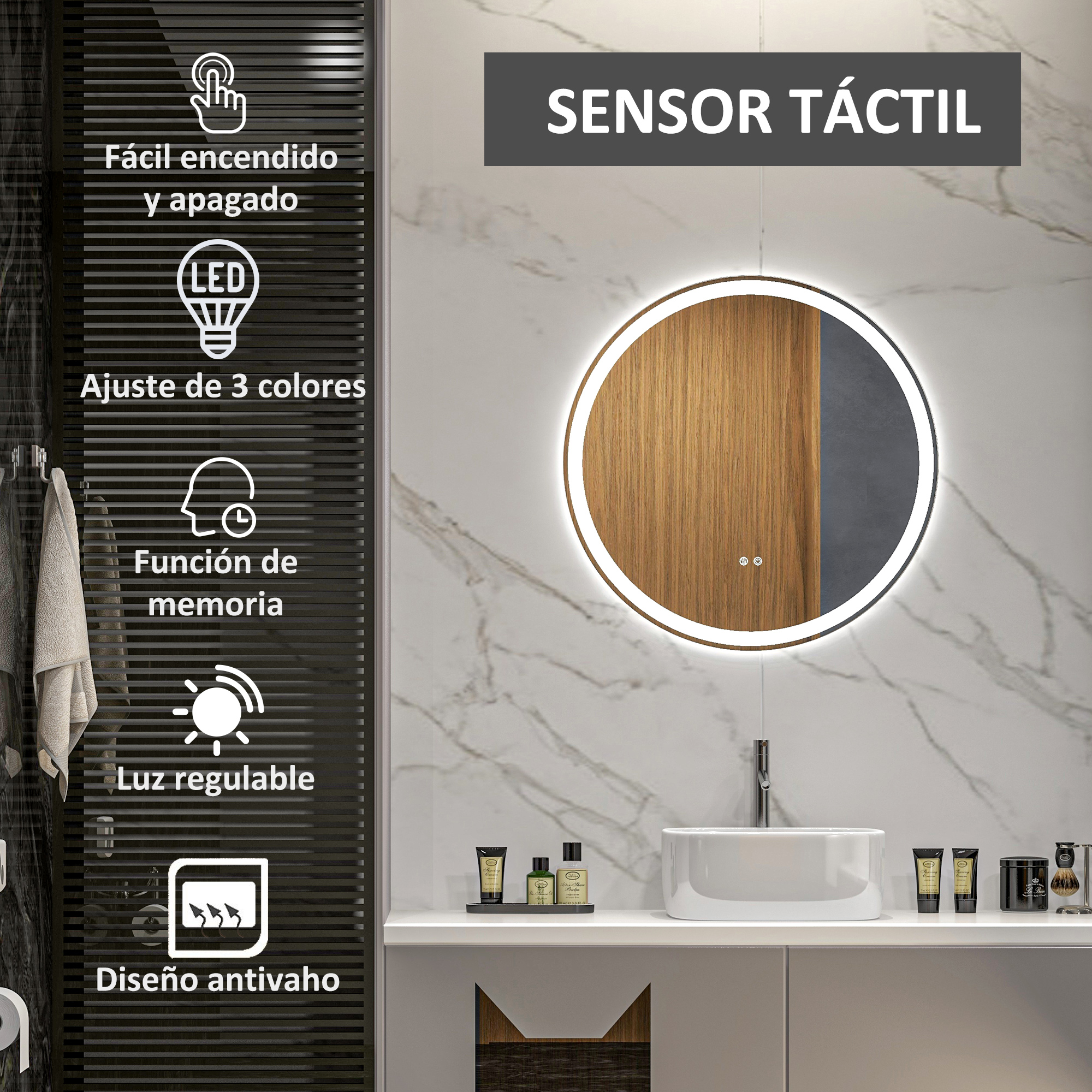 Espejo redondo con sensor táctil en un baño con paredes de mármol.