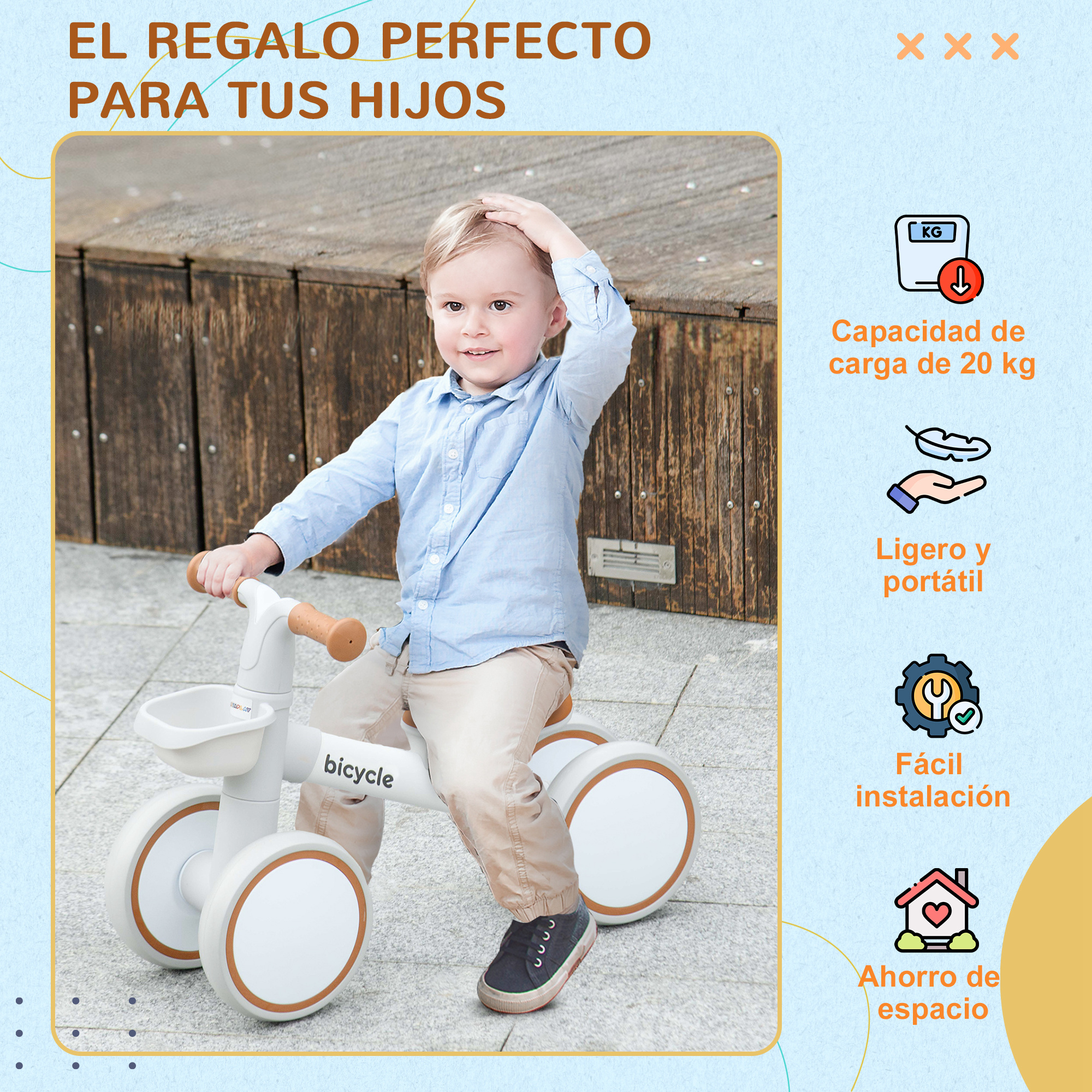 Un niño pequeño monta en una bicicleta de equilibrio blanca. Iconos de características del producto en el fondo.