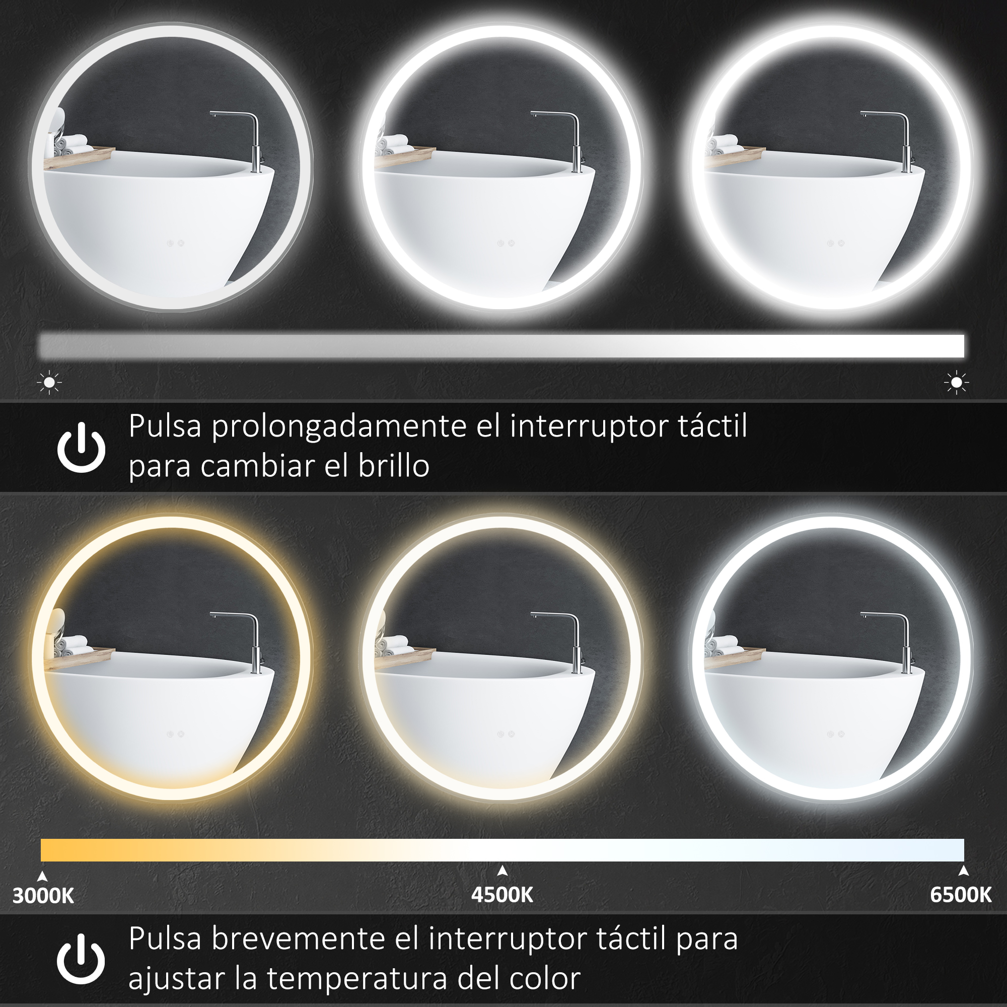 Tres espejos iluminados sobre un lavabo, mostrando variaciones de color y brillo.