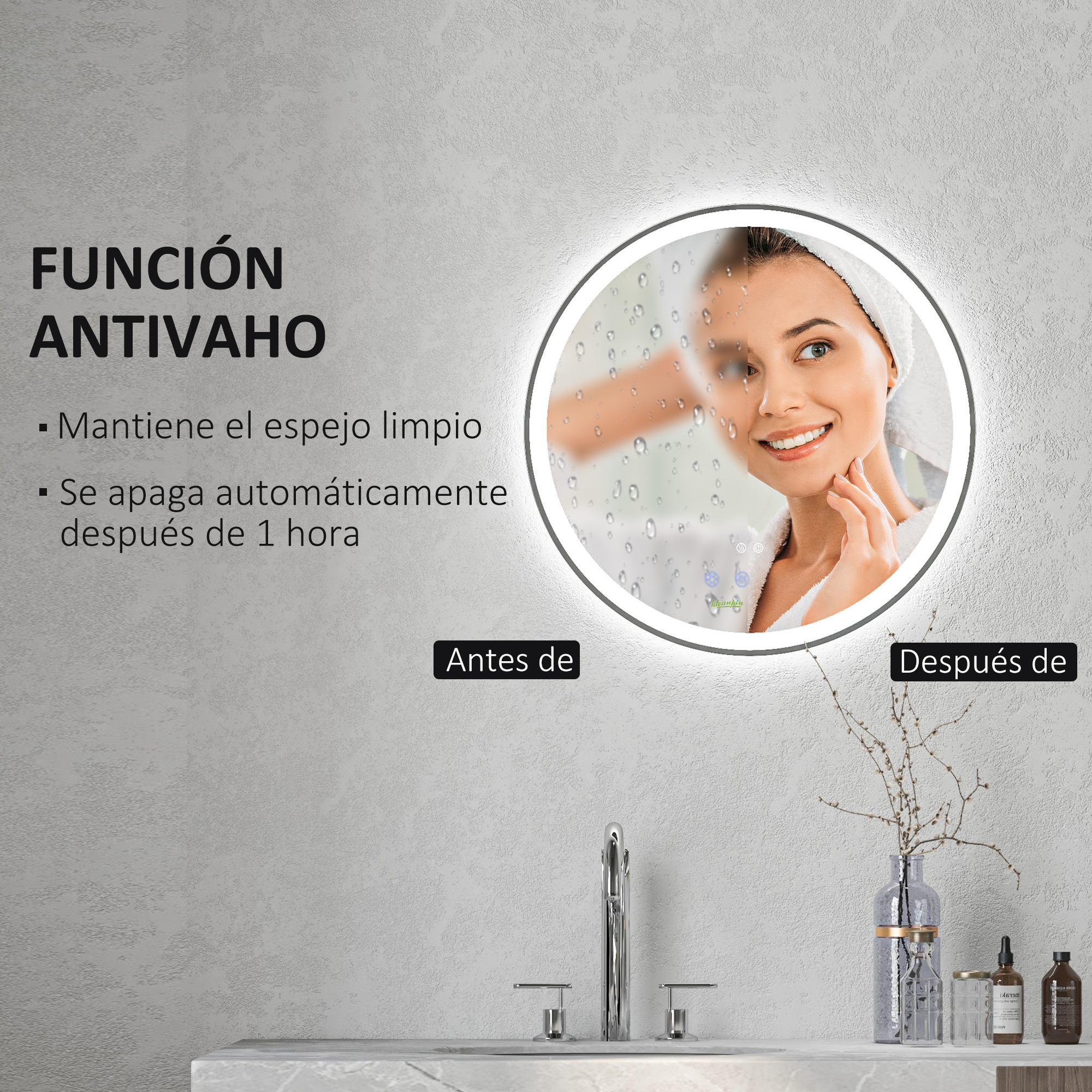 Una mujer con una toalla usa un espejo circular e iluminado en un baño.
