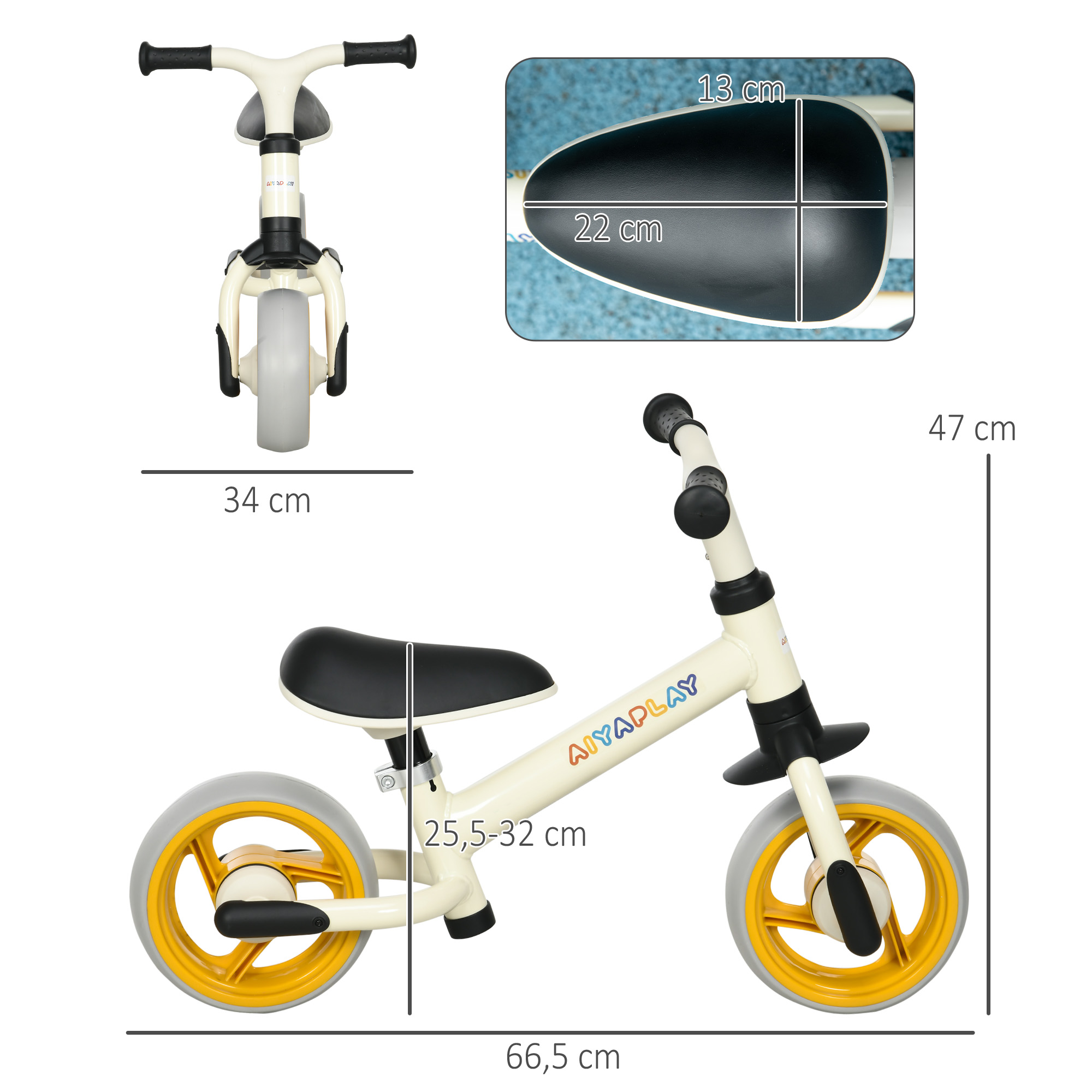 Una bicicleta de equilibrio blanca y amarilla con dimensiones etiquetadas. Se ven un asiento y un manillar negros.