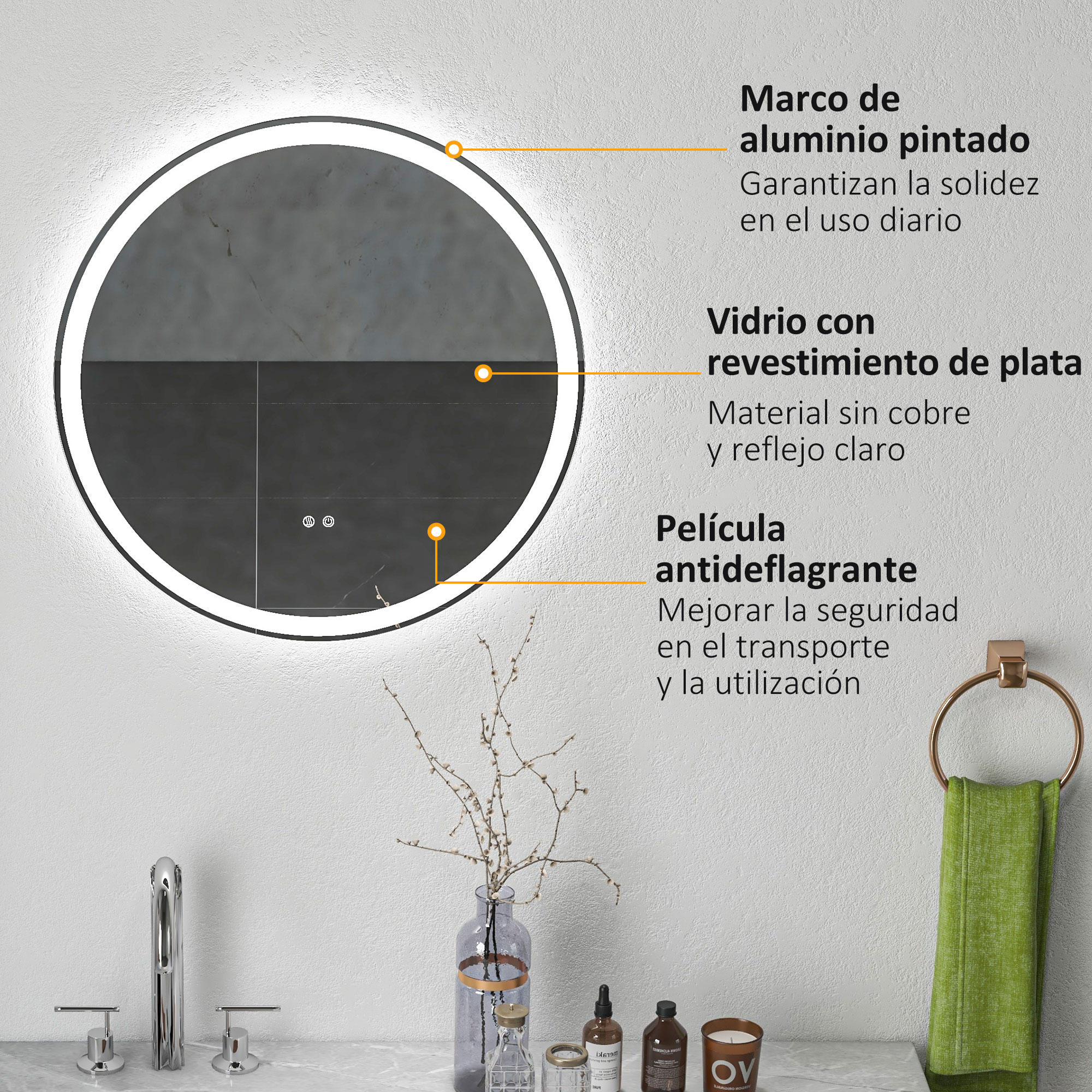 Espejo redondo iluminado sobre lavabo, con etiquetas de texto y artículos de baño.