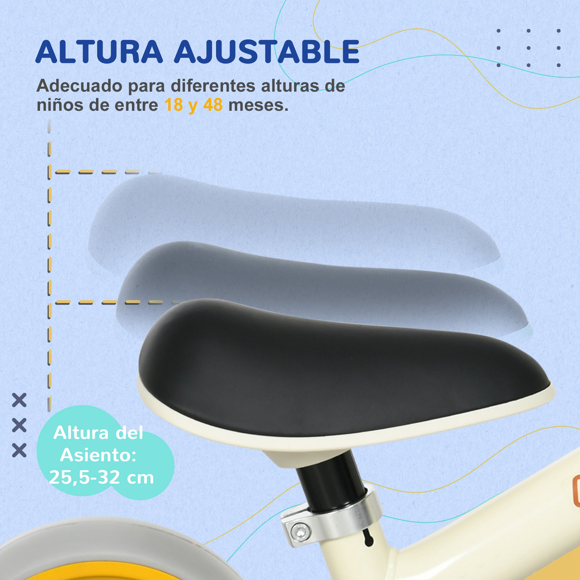 Asiento ajustable de una bicicleta de equilibrio, mostrando el ajuste de altura para niños de 18-48 meses.
