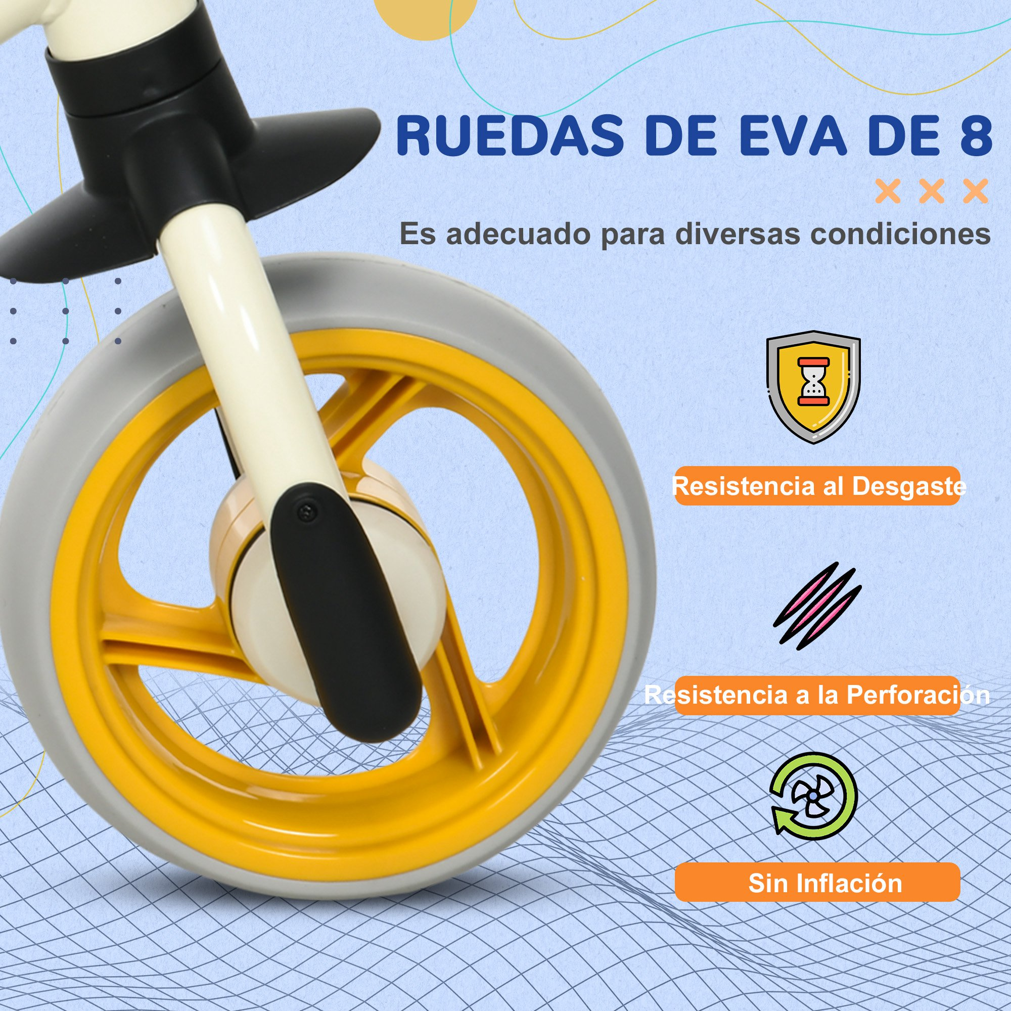 Rueda de bicicleta amarilla y blanca. Texto: ruedas EVA de 8. Adecuado para diversas condiciones. Resistencia al desgaste, a pinchazos, sin inflado.