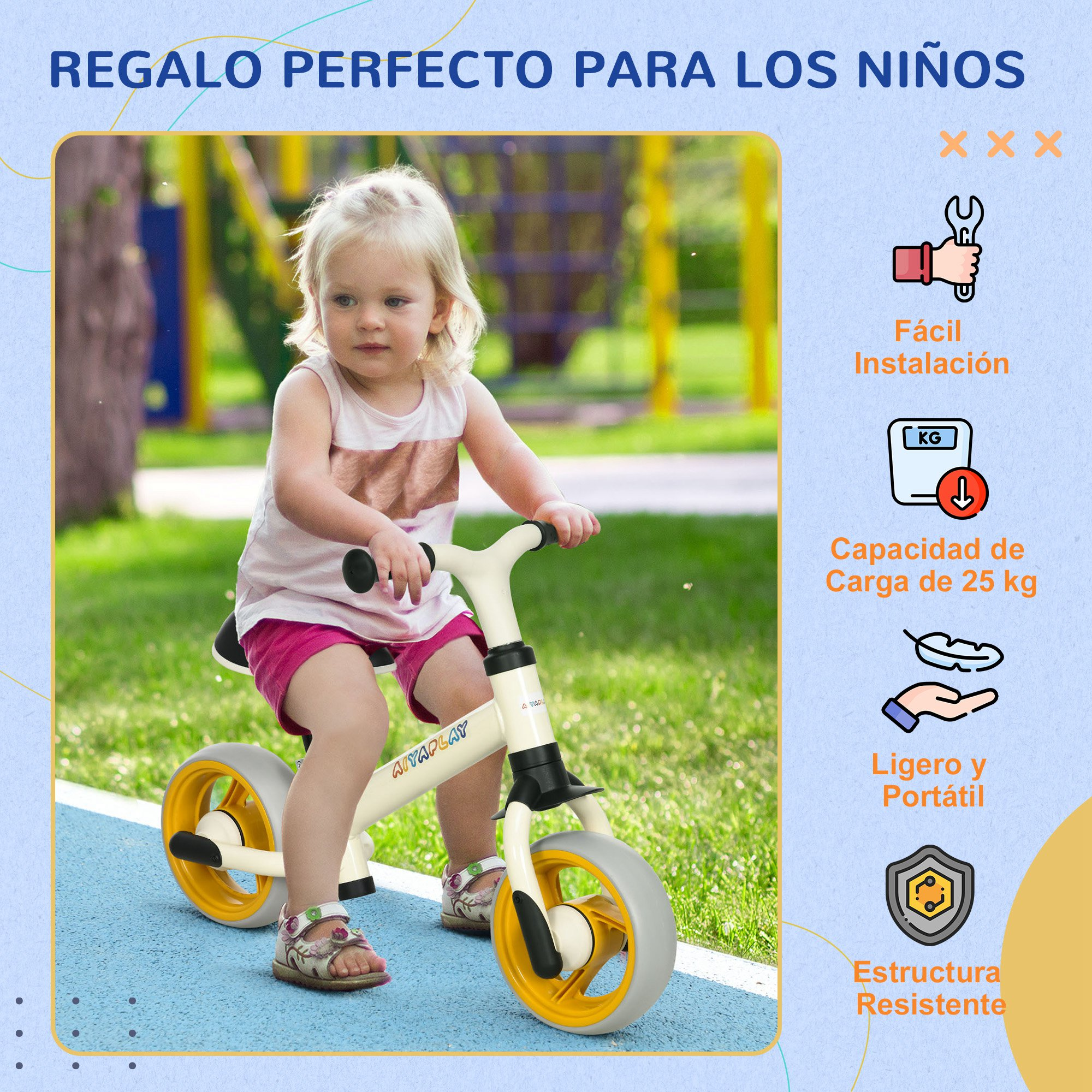 Una niña pequeña montando una bicicleta de equilibrio blanca y amarilla sobre una superficie azul, con detalles del producto.