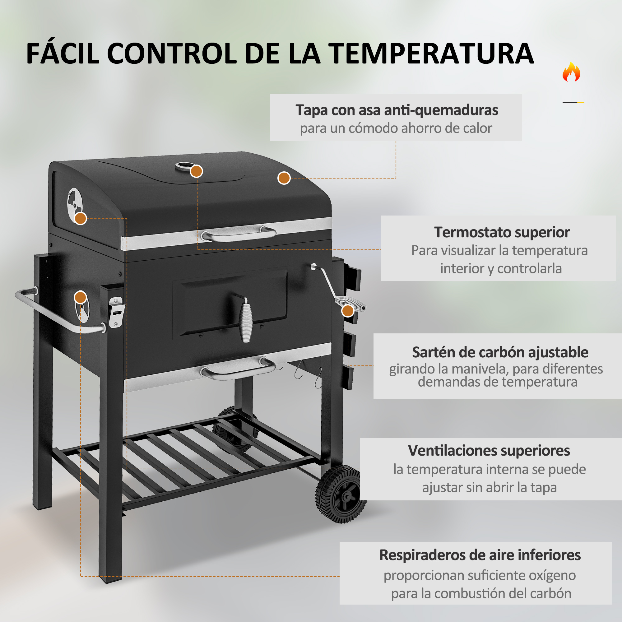 Parrilla negra para exteriores con etiquetas. Características: brasero ajustable, ventilaciones y termómetro.