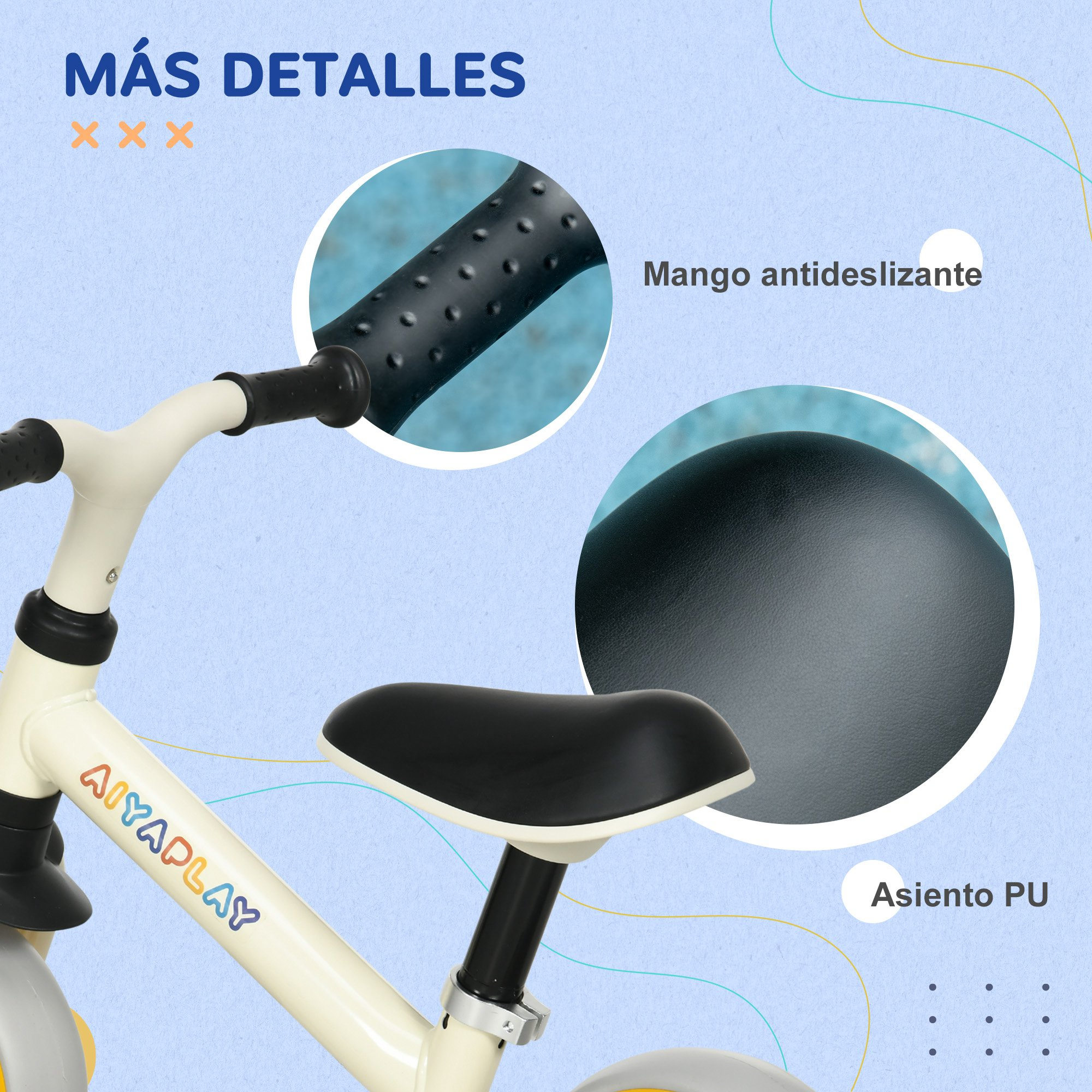 Primer plano del manillar y asiento de un triciclo, con texto sobre el diseño.