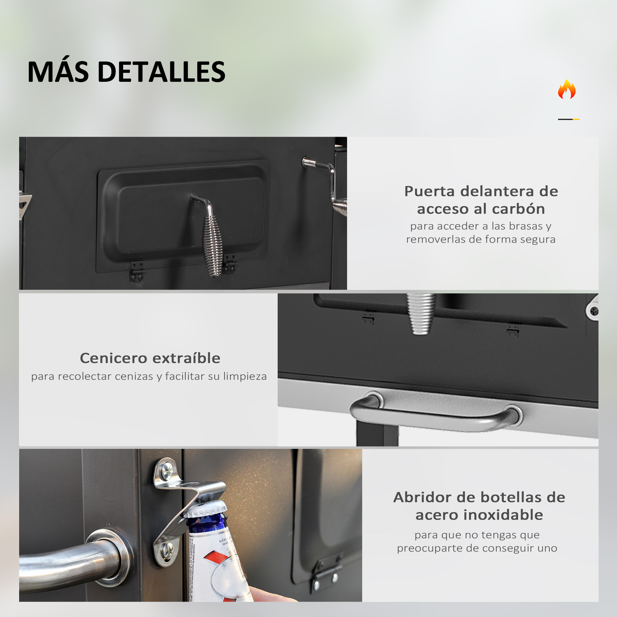 Primer plano de una parrilla negra con tomas detalladas de sus componentes. Texto en español visible.