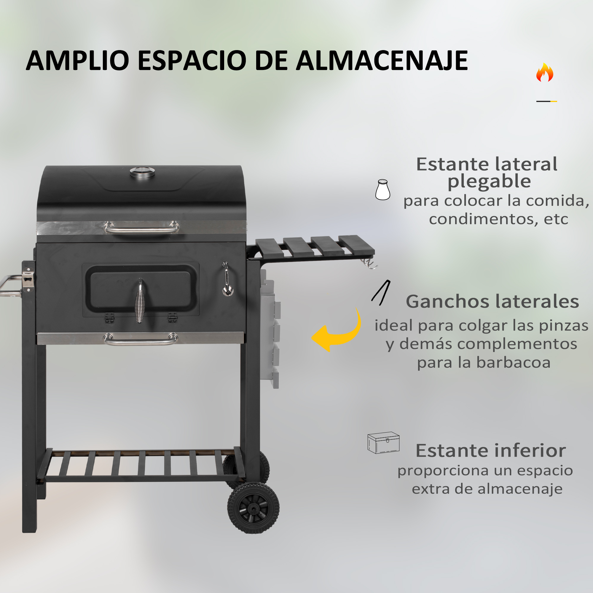 Una parrilla negra con una estantería lateral y texto, con etiquetas de texto que describen sus características.