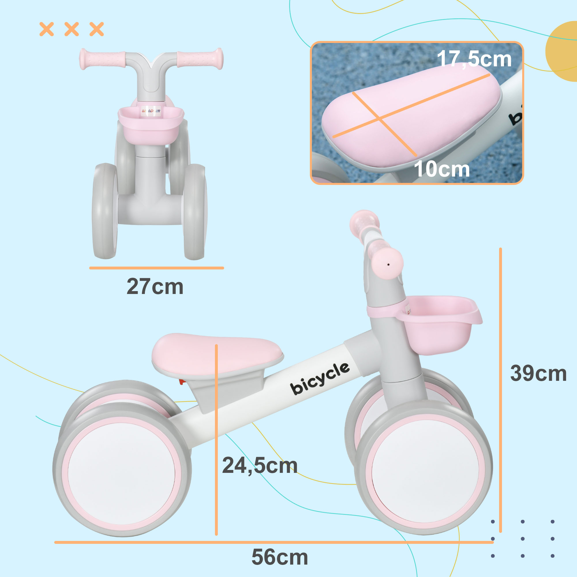 Una bicicleta de equilibrio rosa y gris con dimensiones en centímetros. Tiene una pequeña cesta y un asiento rosa.