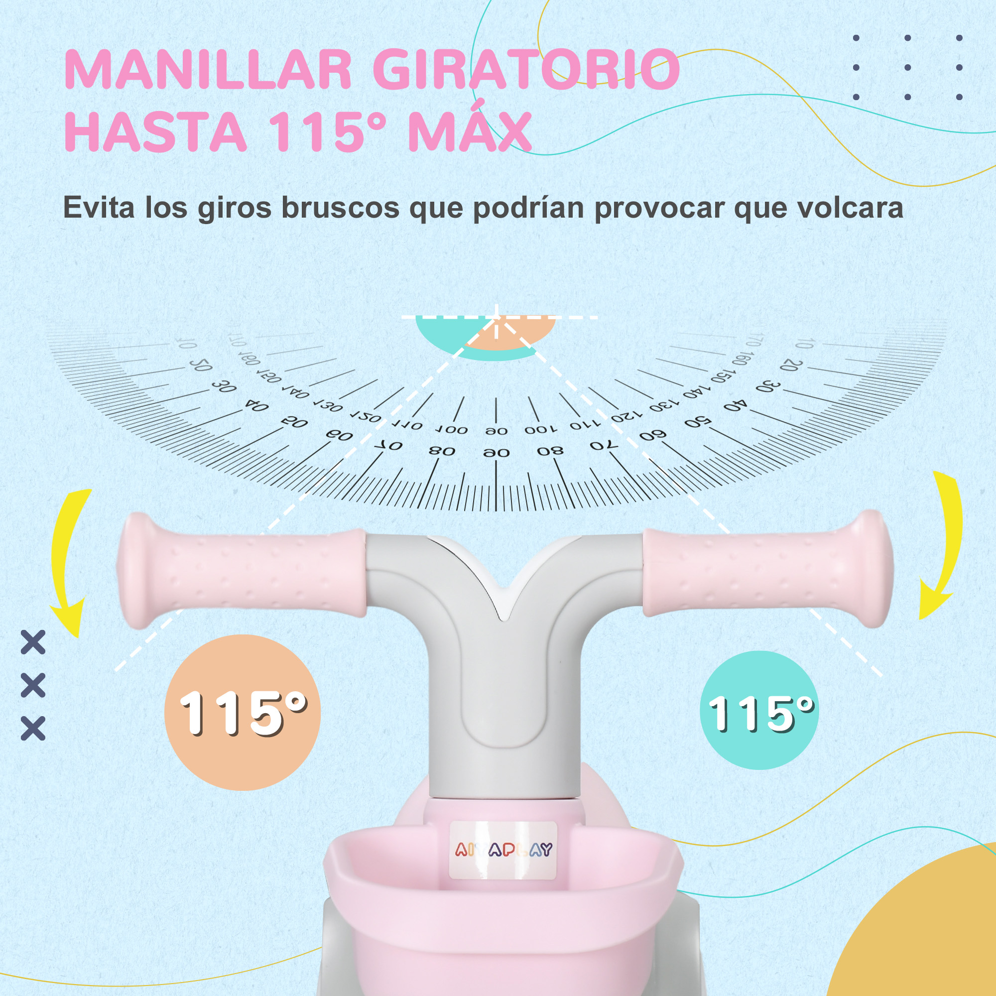 Una bicicleta de equilibrio rosa y gris con texto. El manillar es ajustable hasta 115 grados.