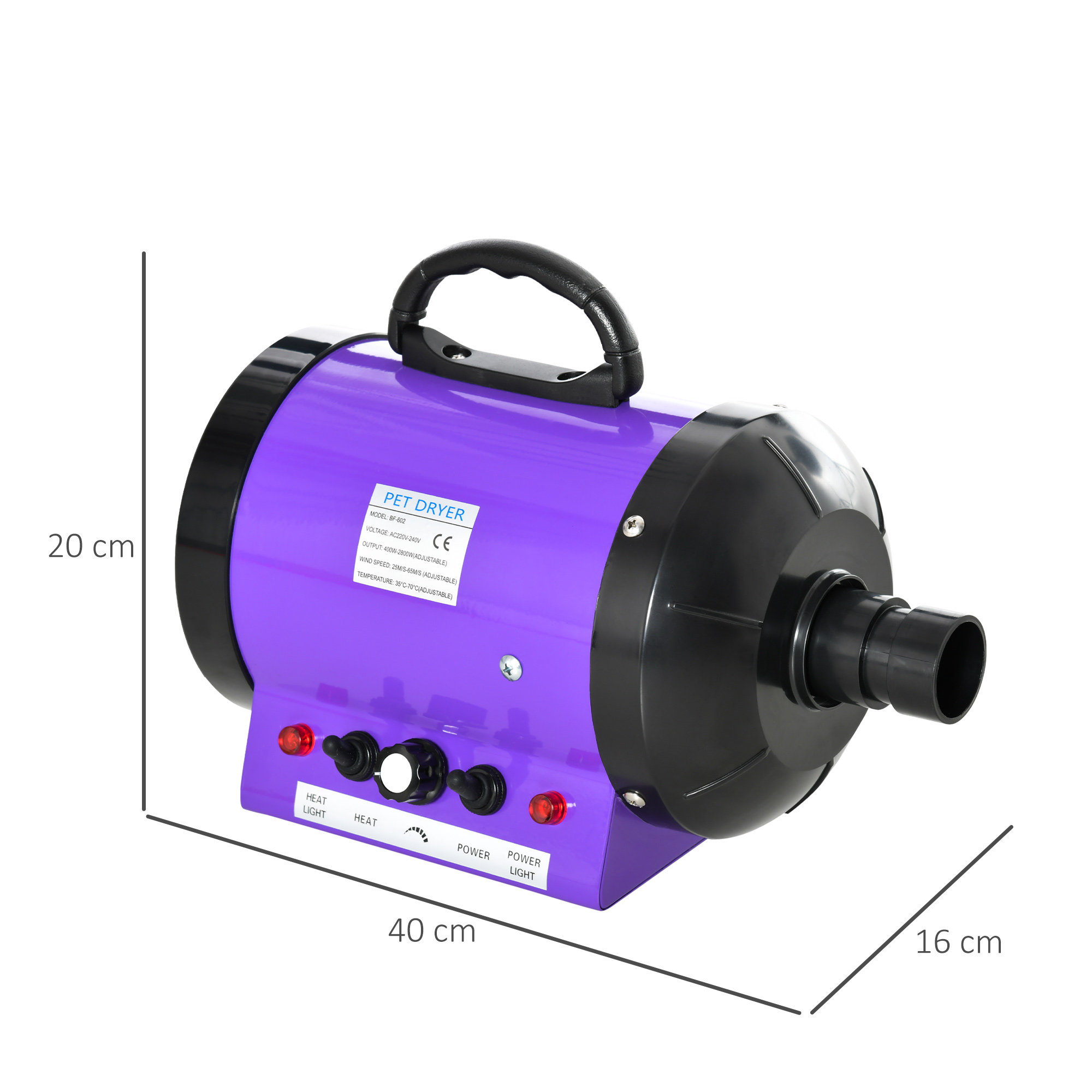 Un secador de mascotas morado con dimensiones. Tiene un asa negra, una boquilla negra y botones de control.