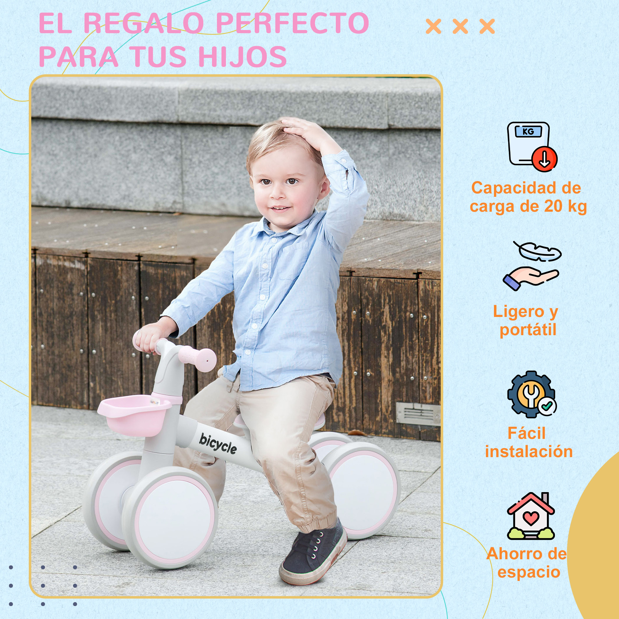 Un niño pequeño en una bicicleta de equilibrio rosa y blanca. Niño tocando la cabeza. Texto promocional.