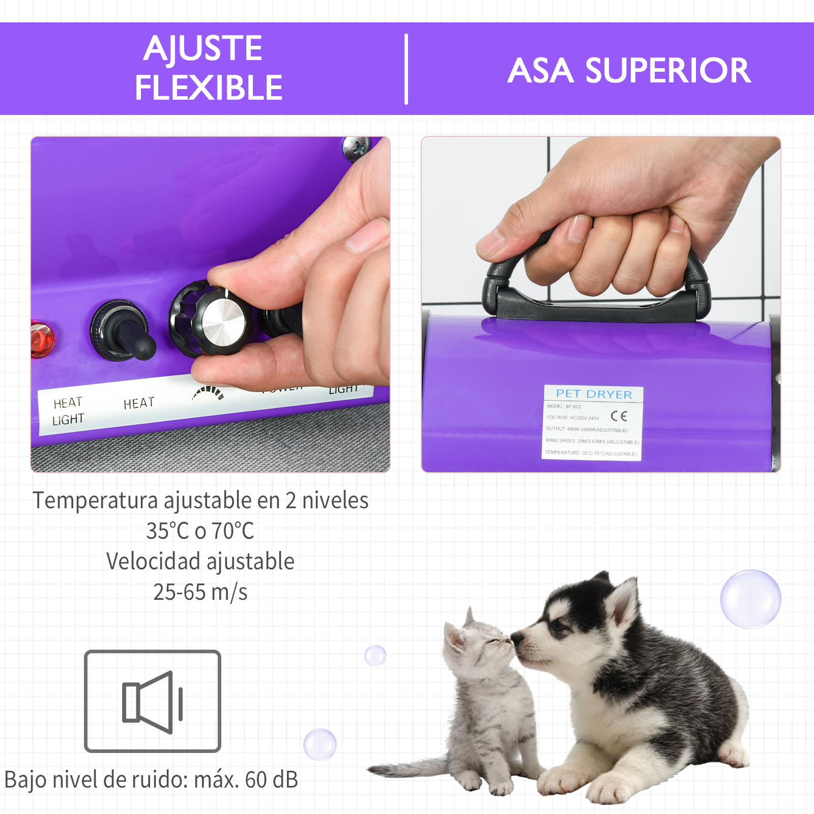 Secador de mascotas morado con temperatura y velocidad ajustables. Se muestran dos cachorros en la parte inferior.