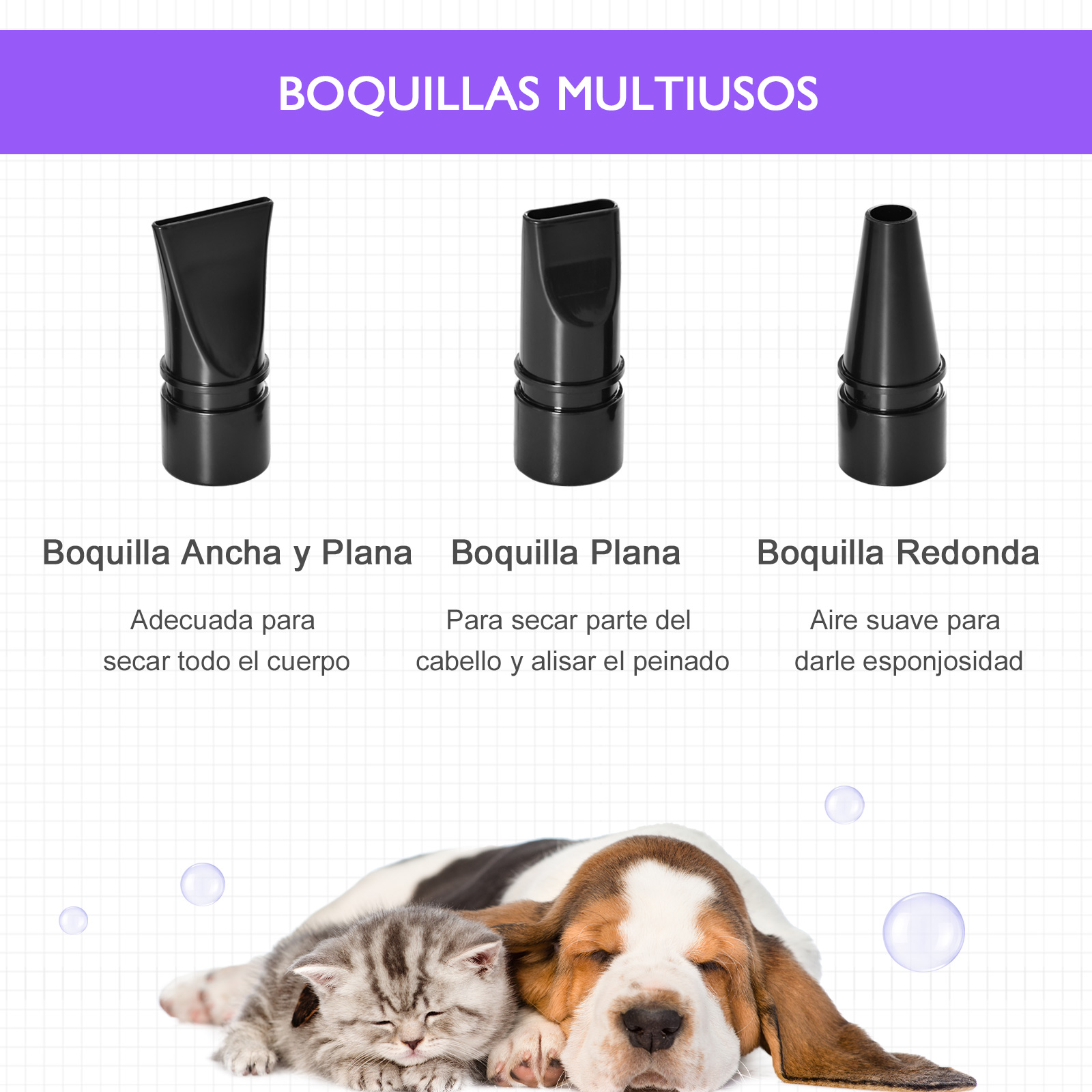 Tres boquillas negras para un secador de pelo. El texto explica el uso de cada boquilla. Gato y perro abajo.
