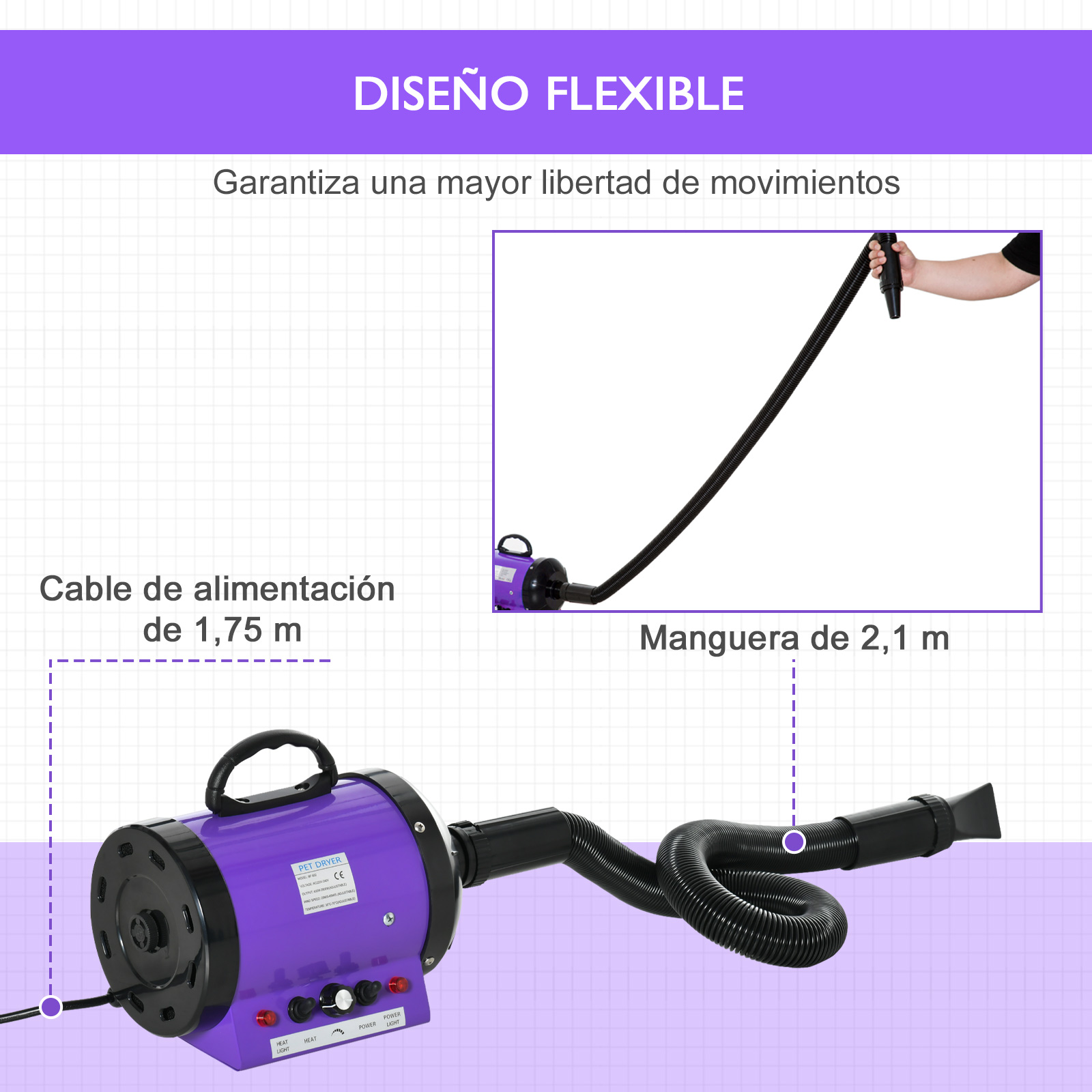 Un secador de mascotas morado con una manguera y un cable de alimentación.