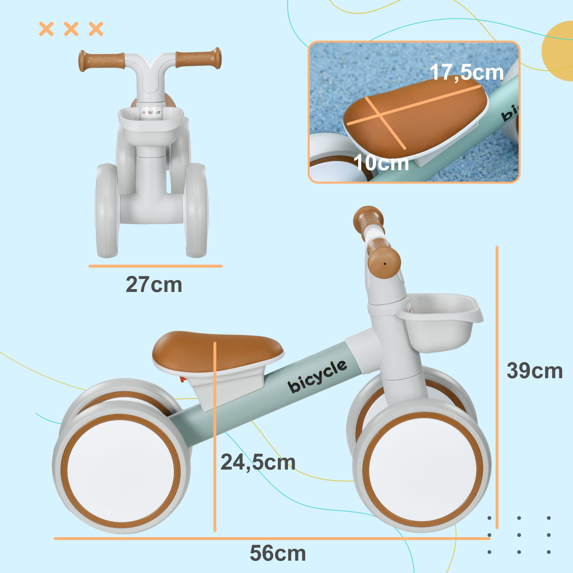 Bicicleta de equilibrio azul y blanca para niños pequeños. Dimensiones con medidas incluidas.