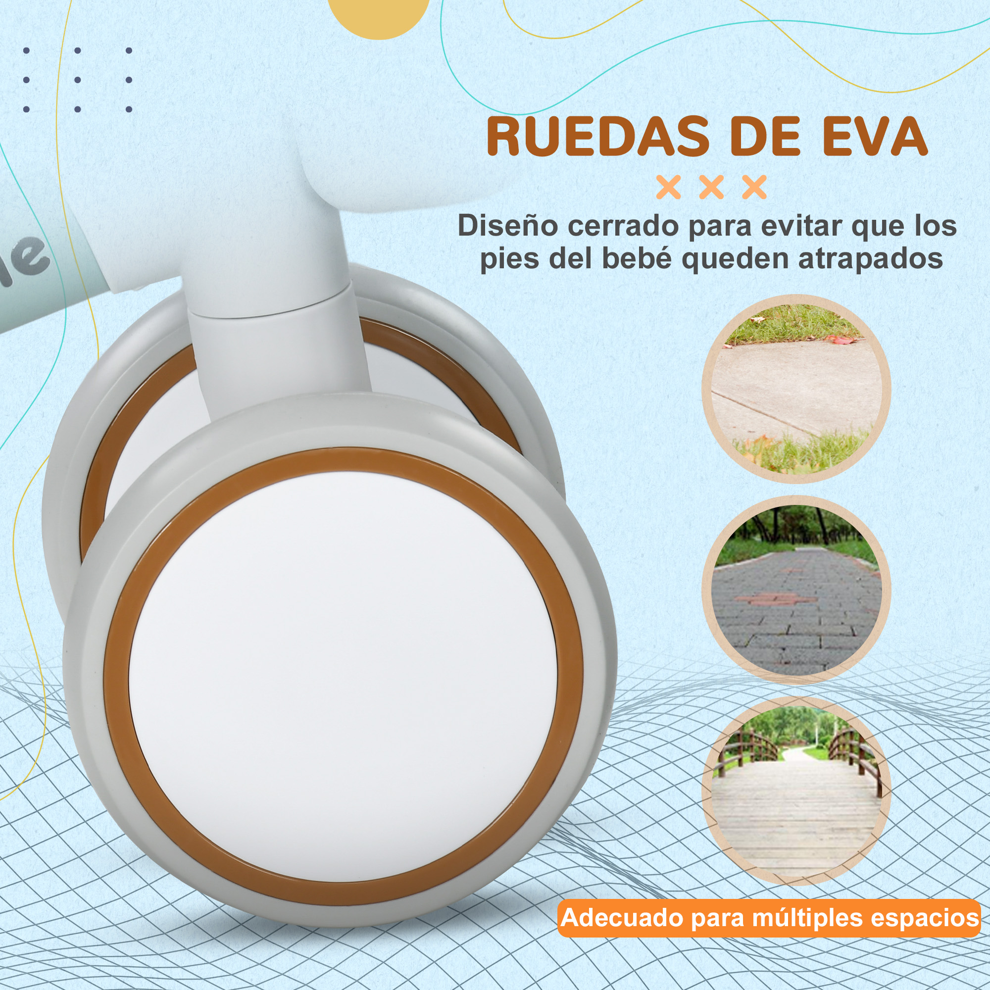 Primer plano de una rueda de cochecito de bebé con texto sobre diseño cerrado para seguridad y espacios adecuados.