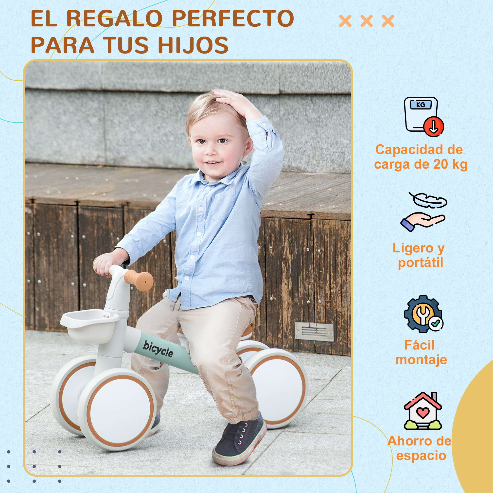 Un niño en una bicicleta de equilibrio blanca. La bicicleta tiene una cesta. El texto dice: El regalo perfecto.