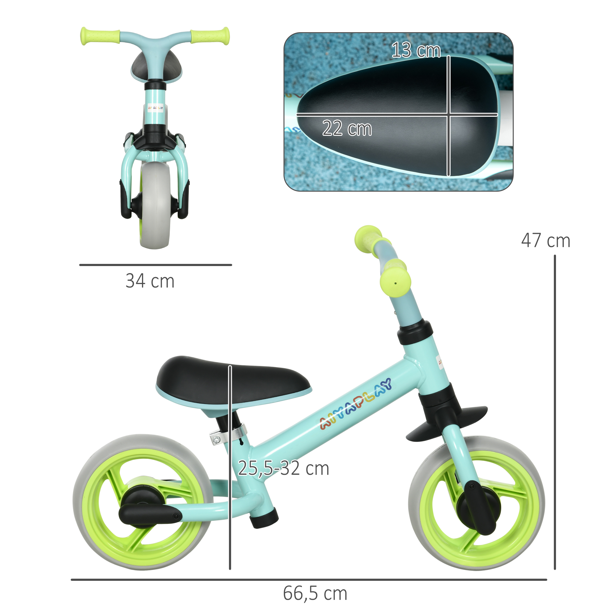 Una bicicleta de equilibrio azul y verde con dimensiones etiquetadas. Incluye asiento, manillar y ruedas.
