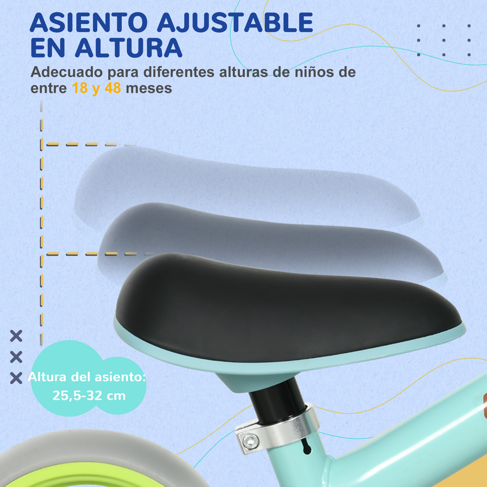 Un asiento de triciclo azul con altura ajustable. El texto indica apto para niños de 18 a 48 meses.