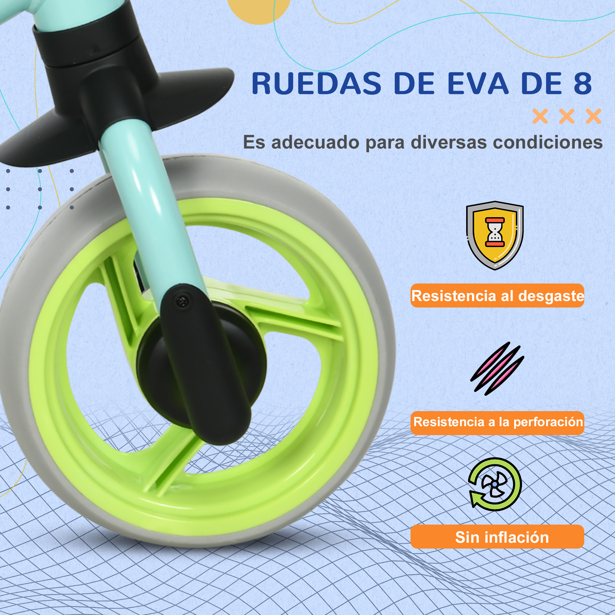Rueda de bicicleta para bebé con colores verde y gris. Texto: Ruedas EVA de 8, adecuadas para condiciones, abrasión.