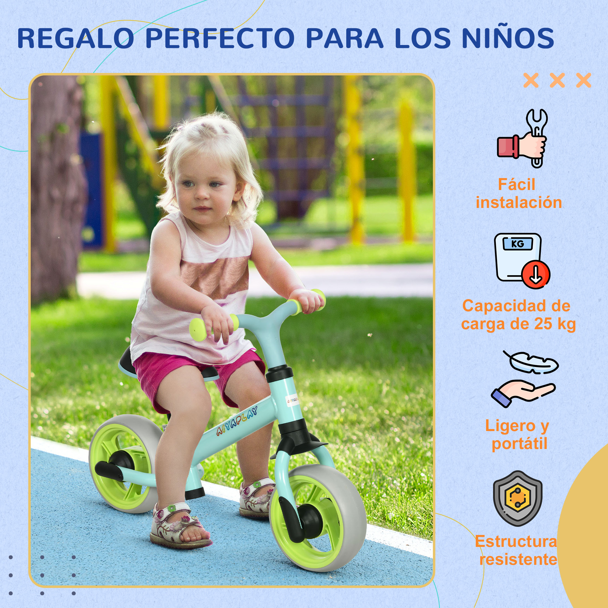 Un niño pequeño monta en una bicicleta de equilibrio azul y verde en un camino azul con texto sobre el producto.