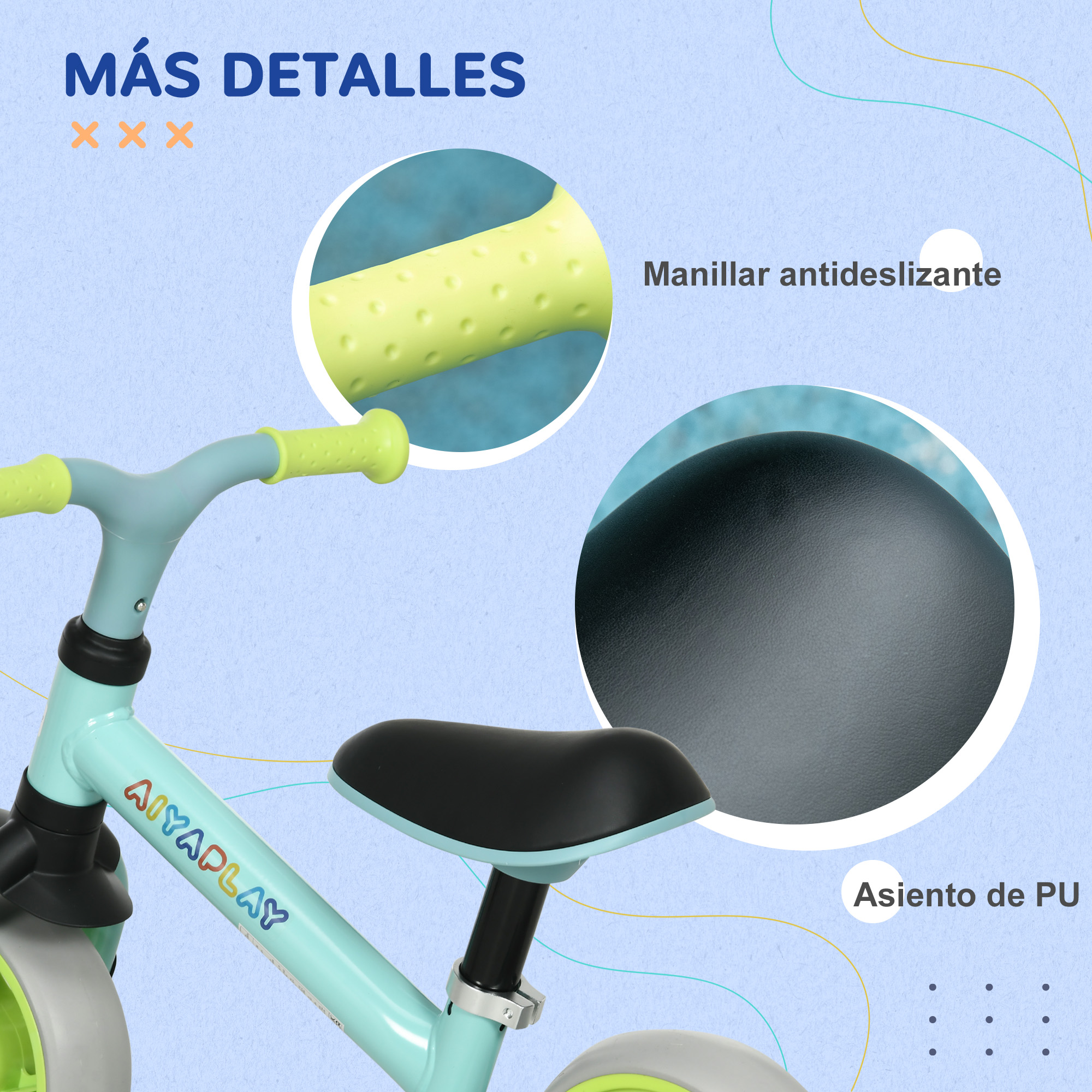 Primeros planos de un triciclo. Muestra manillar antideslizante y asiento de PU.