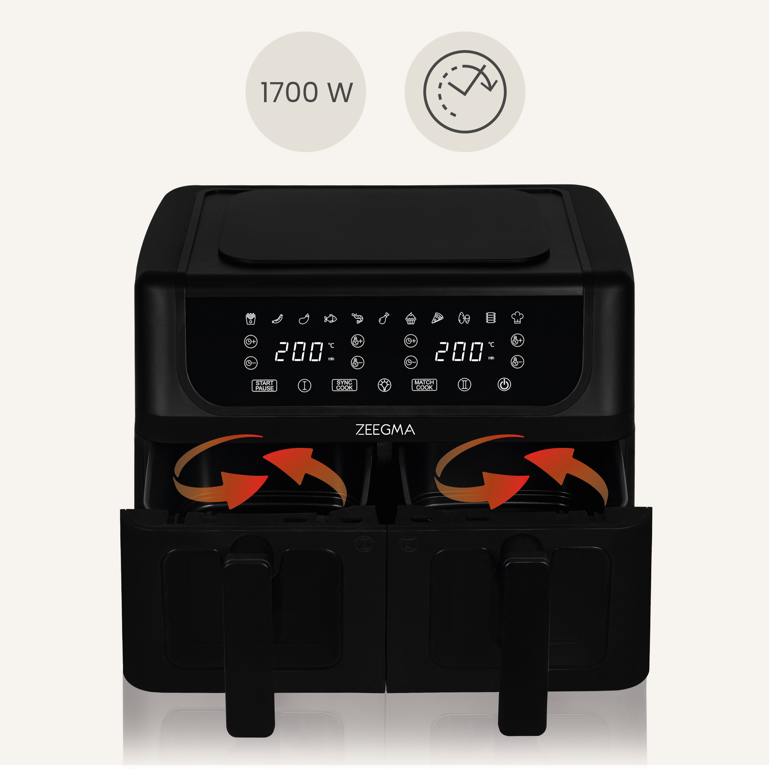 Czarna frytkownica powietrzna z dwoma komorami. Przód otwarty, widoczne kosze.