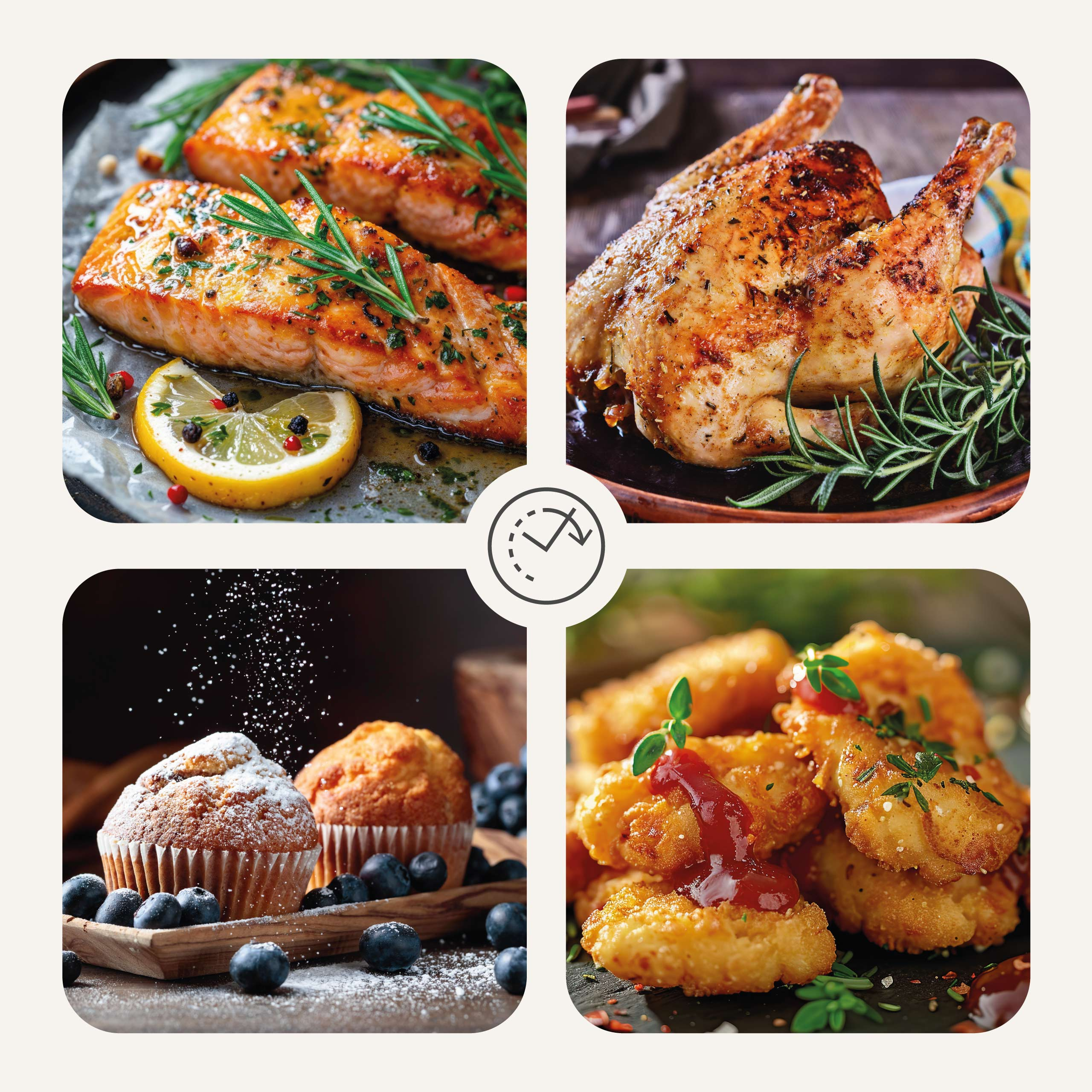 Kwadratowy obraz z czterema zdjęciami jedzenia: łosoś, kurczak, muffiny i nuggetsy z sosem.