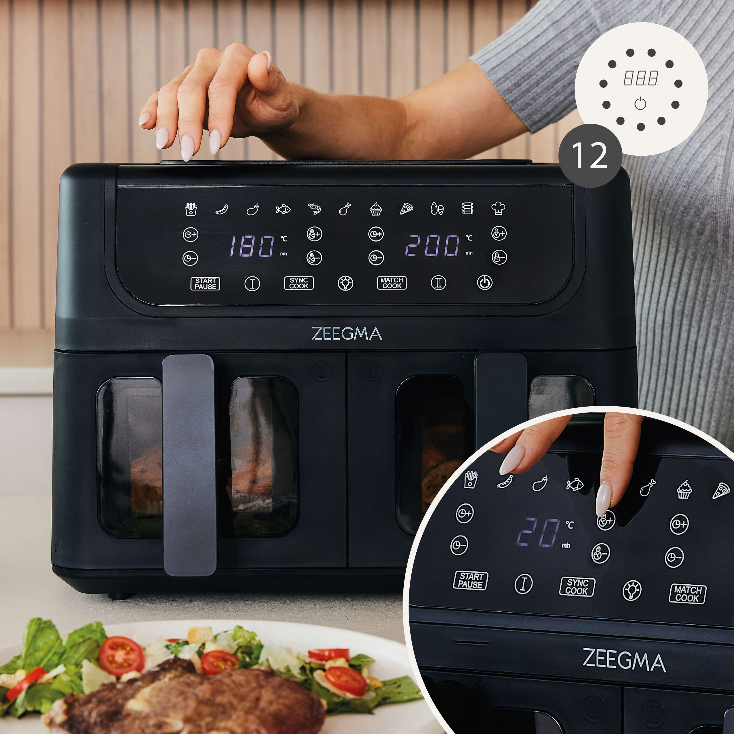 Czarna frytkownica powietrzna z wyświetlaczem cyfrowym. Ręce obsługują ustawienia. Jedzenie i talerz z przodu.