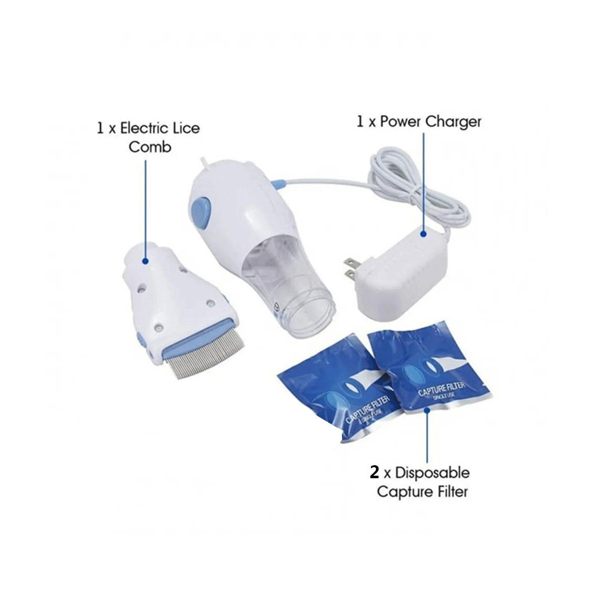 Kit de peine para piojos: peine eléctrico, cargador y dos filtros desechables. Todos los artículos están etiquetados.