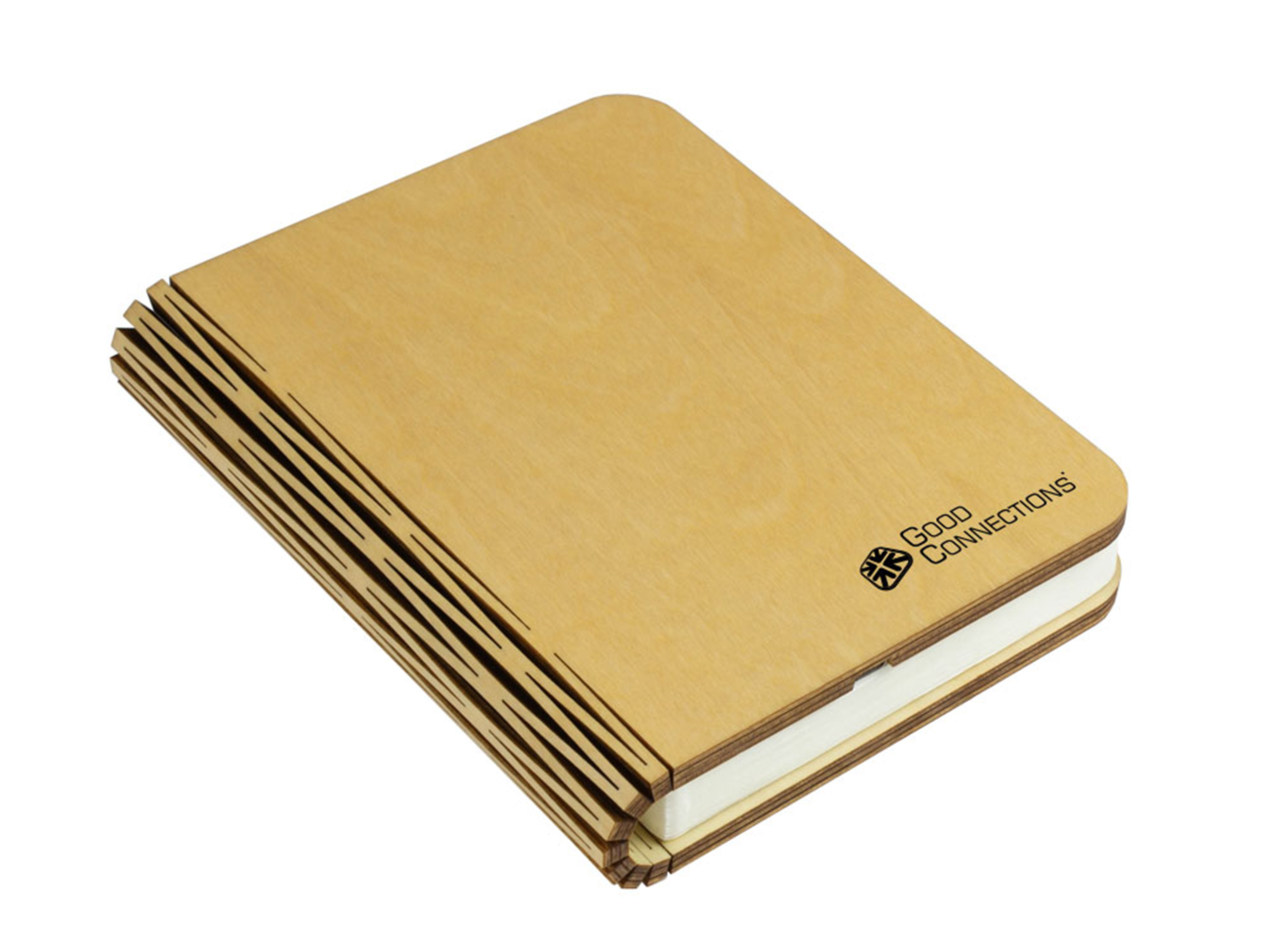 Lampada in legno a forma di libro, chiusa, con logo 'Good Connections'.