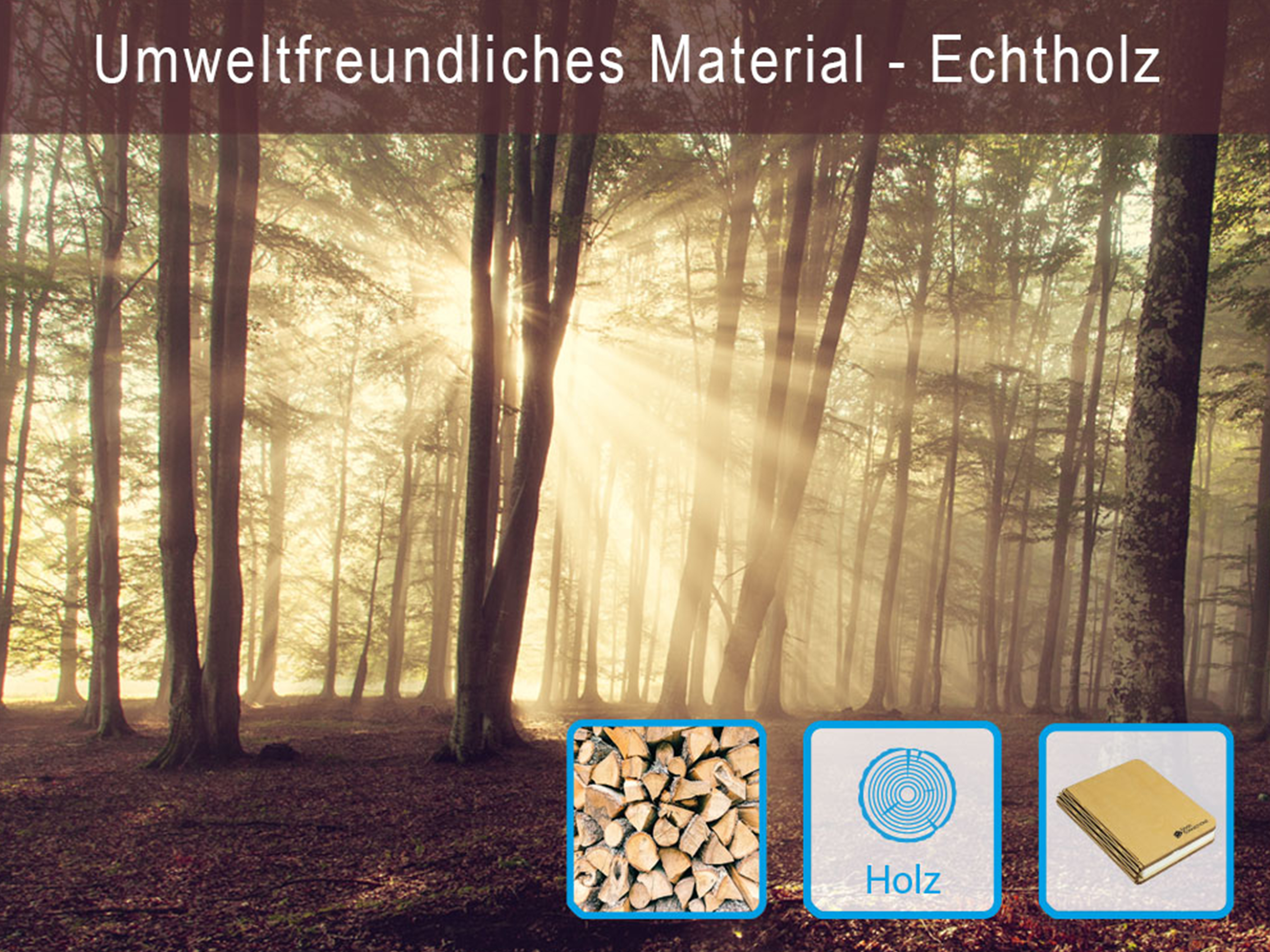 Scena di foresta illuminata dal sole con testo: 'Materiale ecologico - Legno vero'.