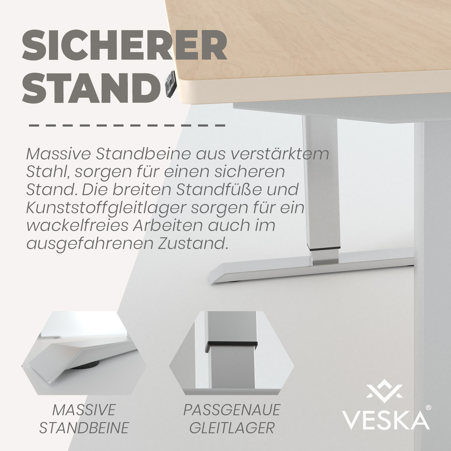 Ein Tischbein mit Text, der die Produktmerkmale beschreibt, und zwei Nahaufnahmen des Sockels.