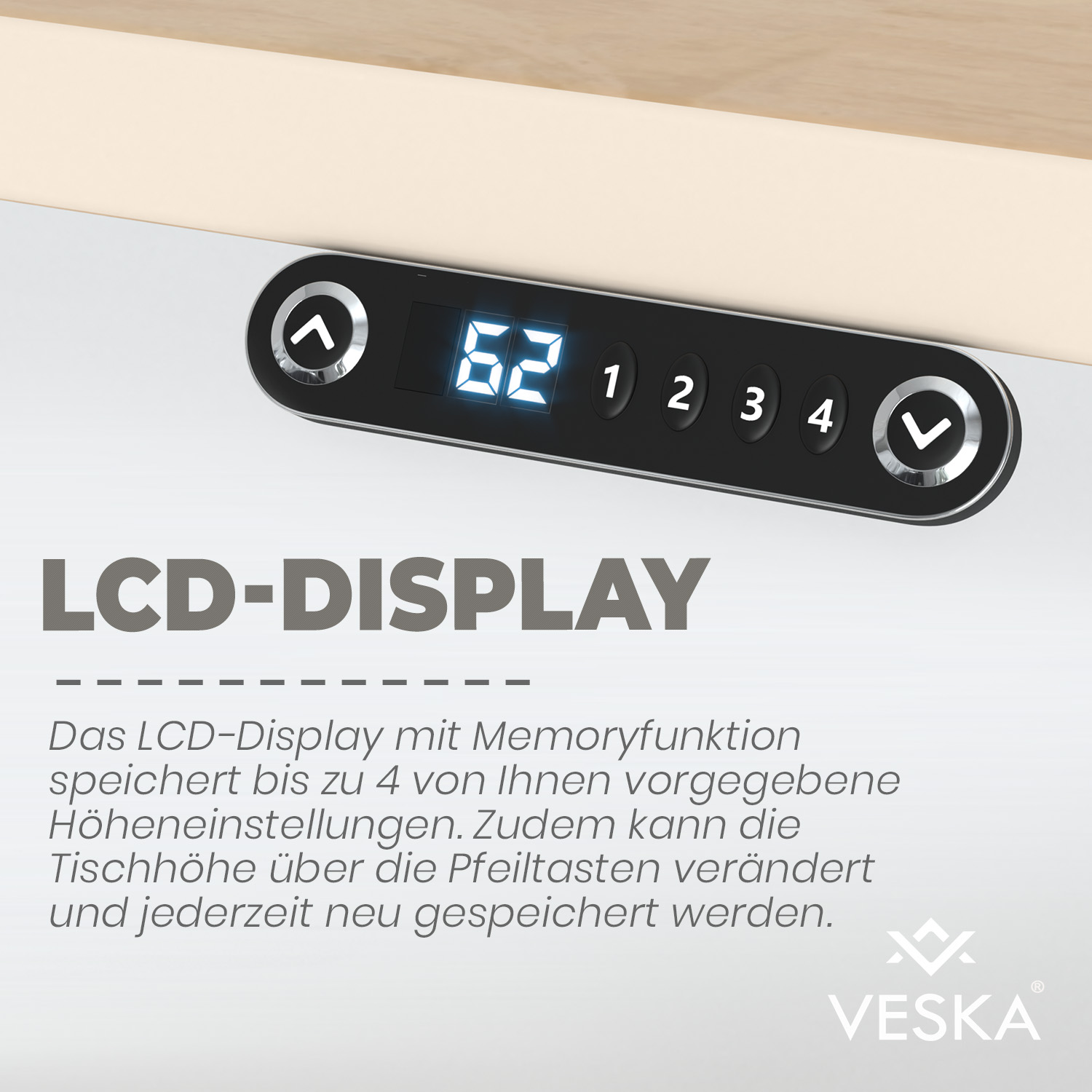 Ein LCD-Display auf einem Schreibtisch mit Tasten und Zahlen. Text: LCD-DISPLAY.