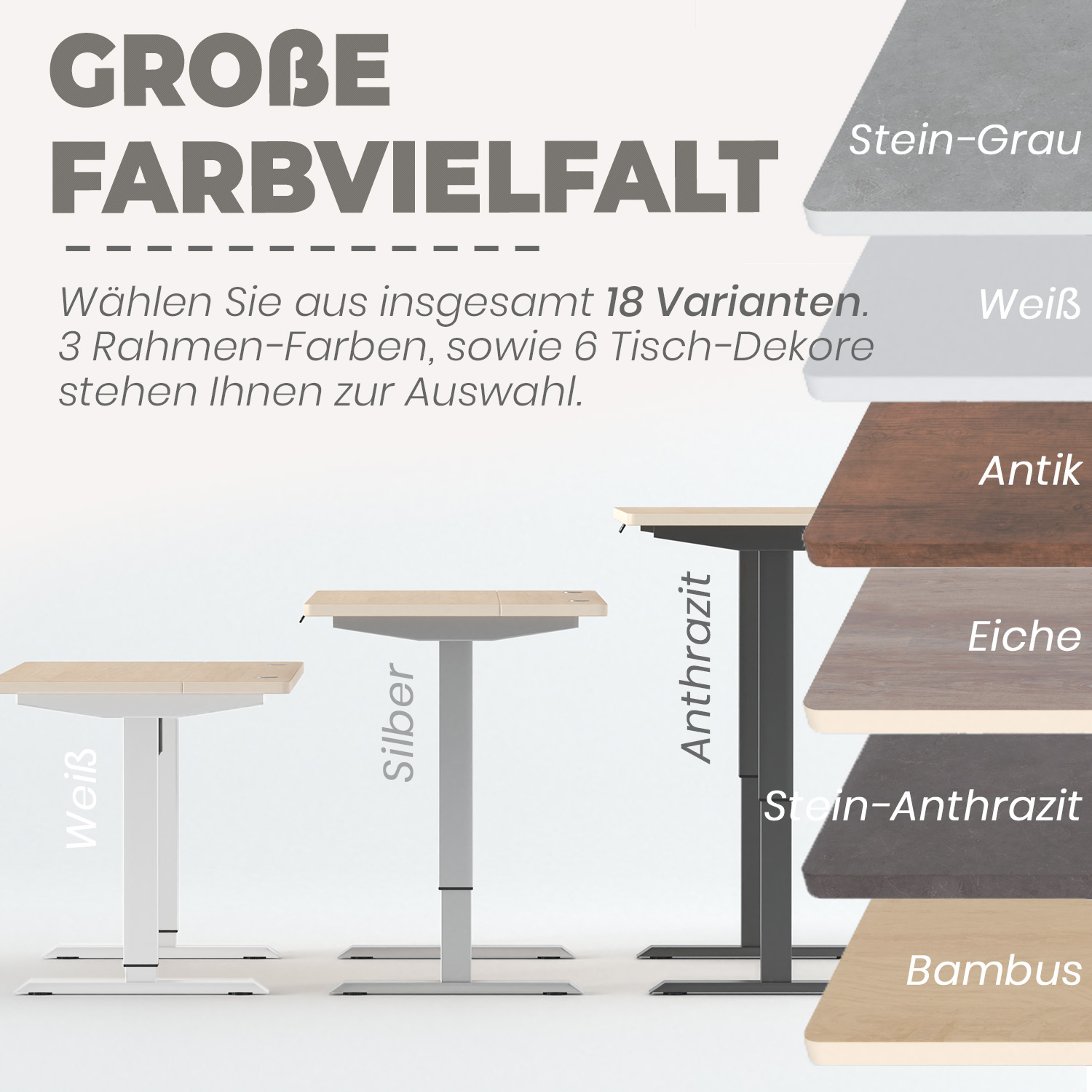 Mehrere Stehpulte in verschiedenen Farben und Materialien. Das Bild zeigt Anpassungsoptionen.