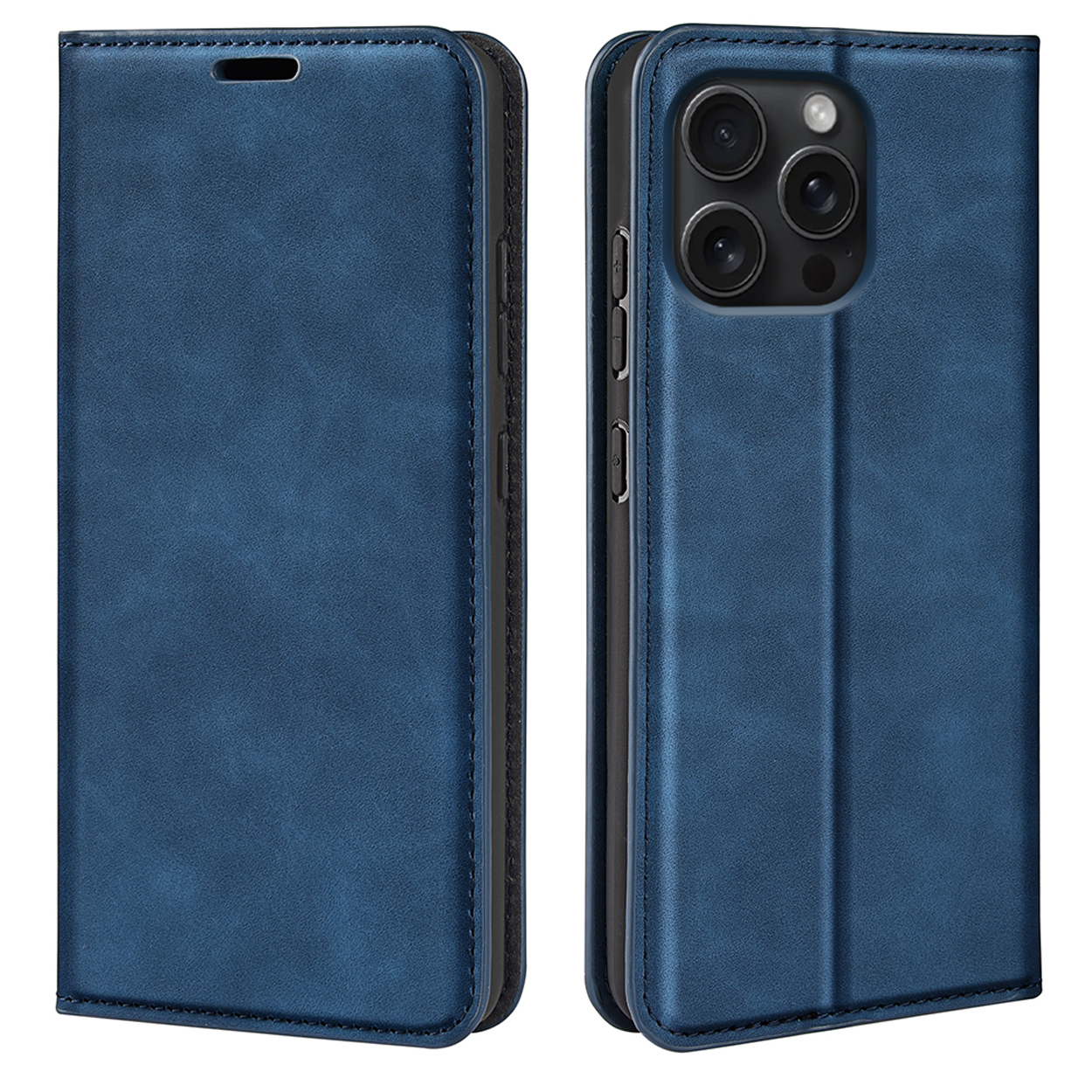 Blauw leren telefoonhoesje, open en dicht, met een zichtbare telefoon.