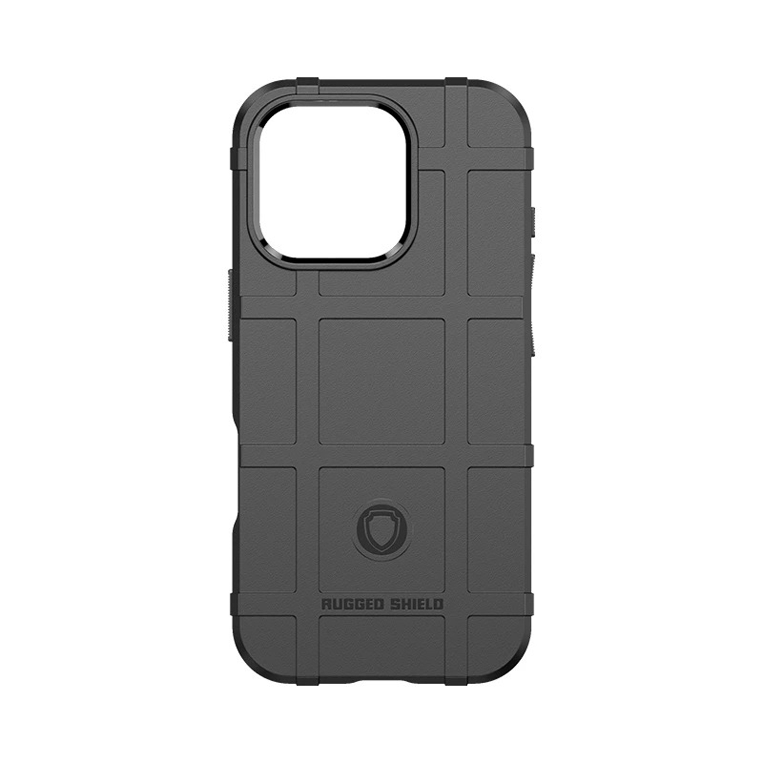 Zwarte telefoonhoes met rasterpatroon en een Rugged Shield logo.