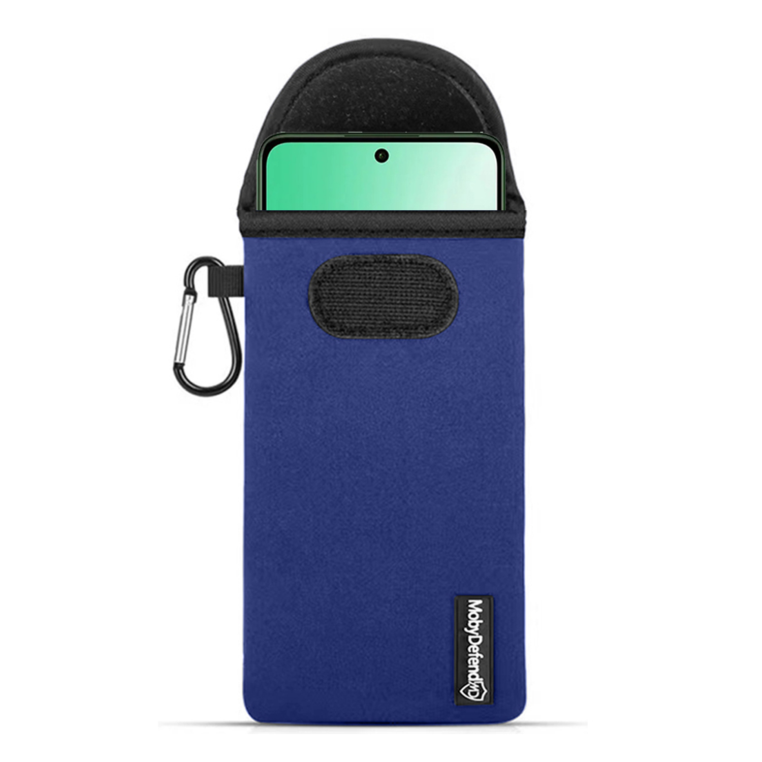 Blauwe telefoonhoes met een zwarte bovenkant en een zilveren karabijnhaak. Telefoon is gedeeltelijk zichtbaar.