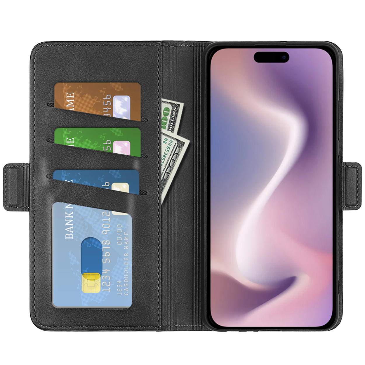 Zwarte telefoonhoes, open. Een telefoon zit in de hoes. Er zijn kaartsleuven en geld.