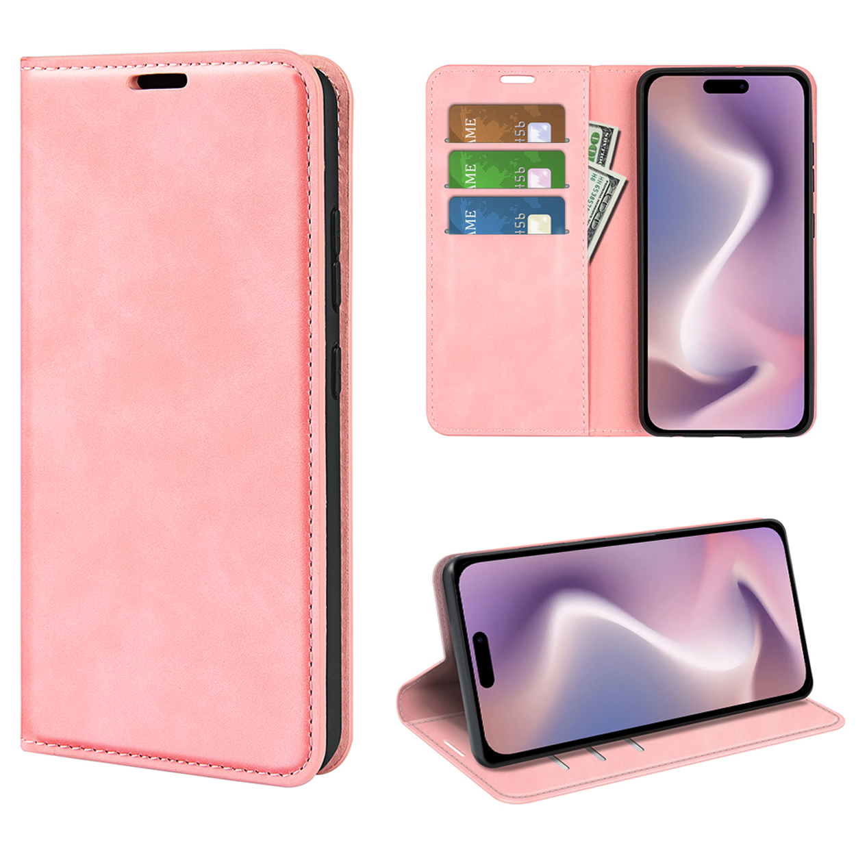 Roze telefoonhoes, open en gesloten weergaven. Telefoon met kaarten erin. Geld is zichtbaar.